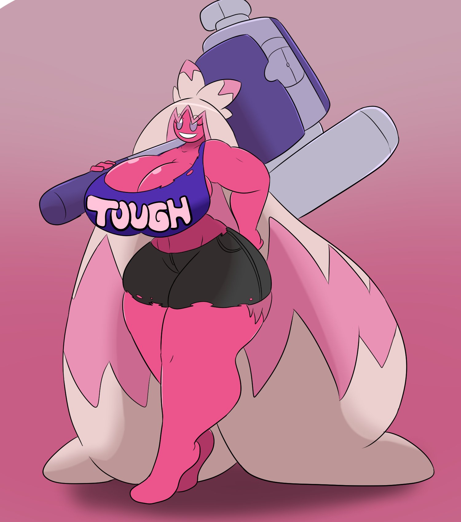 1girls, 2022, anthro, breasts, clothing, female, hammer, human, igphhangout, long hair, looking at viewer, maydora (igph), pink background, pink hair, pink skin, pokémon (species), pokemon, pokemon (species), pokemon sv, purple eyes, smile, solo, tinkaton, wide hips