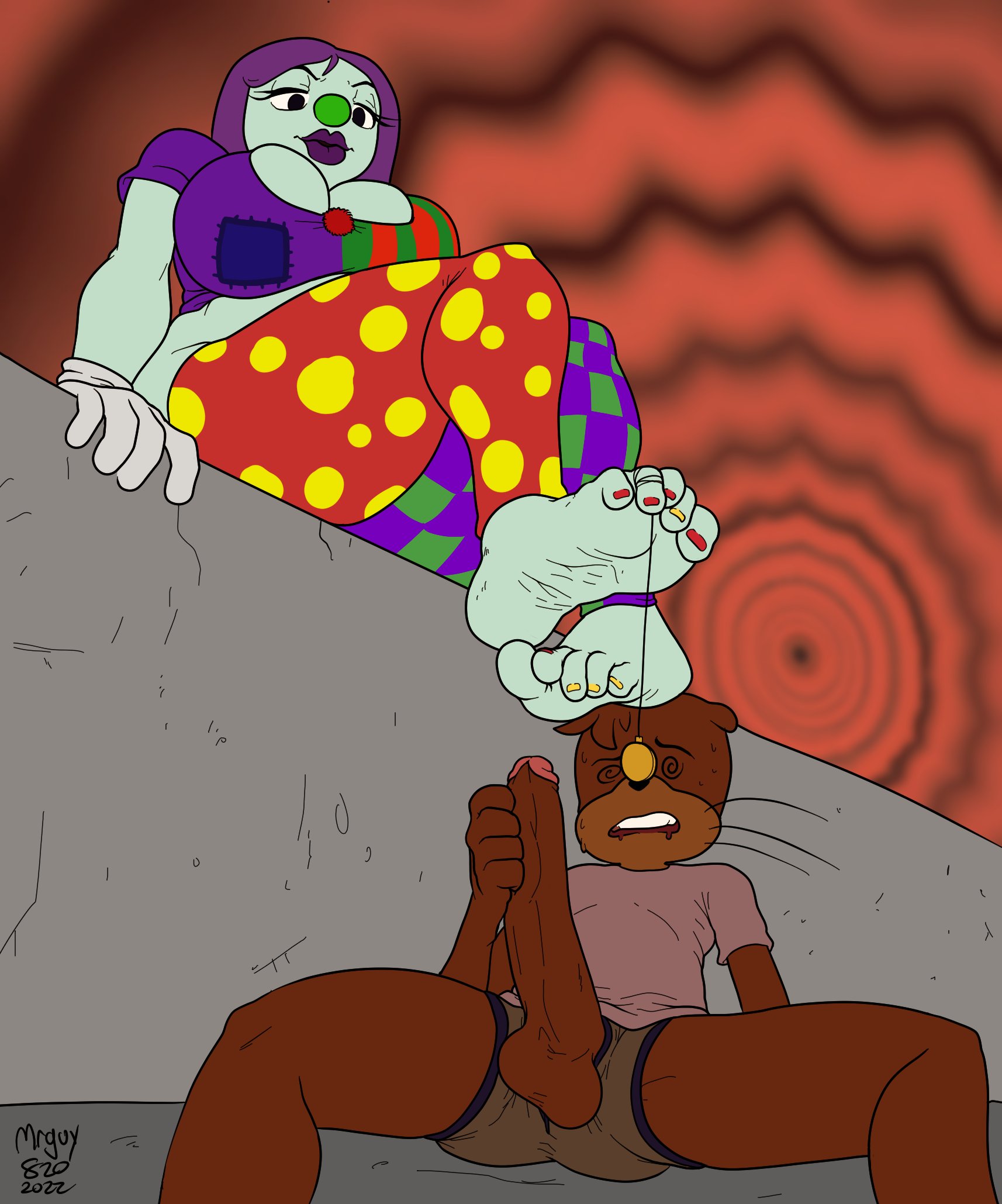 1boy, 1girls, 2023, 2d, 2d (artwork), anthro, anthro on human, ass, ass up, balls, barefoot, bbw, big ass, big balls, big breasts, big butt, big feet, big penis, breast squeeze, breasts, cleavage, clothed, clothed female, clothed male, clown, clown girl, clown makeup, clown nose, dark skin, dark-skinned male, duo, duo focus, erection, feet, feet together, feet up, female, female on top, femdom, foot fetish, foot focus, foot play, gloves, hand on penis, handjob, handwear, humanoid, humanoid genitalia, humanoid on anthro, humanoid penis, hypnosis, jerking, legs, legs up, light skin, light-skinned female, lipstick, long hair, makeup, male, male on bottom, male/female, malesub, masturbation, mind control, mrguy820, oc, original character, original characters, painted toenails, penis, purple hair, soles, solo female, solo male, text, thick, thick ass, thick legs, thick thighs, thighs, toe curl, toe scrunch, toenail polish, toes, watermark, wrinkled feet, wrinkled soles, wrinkles