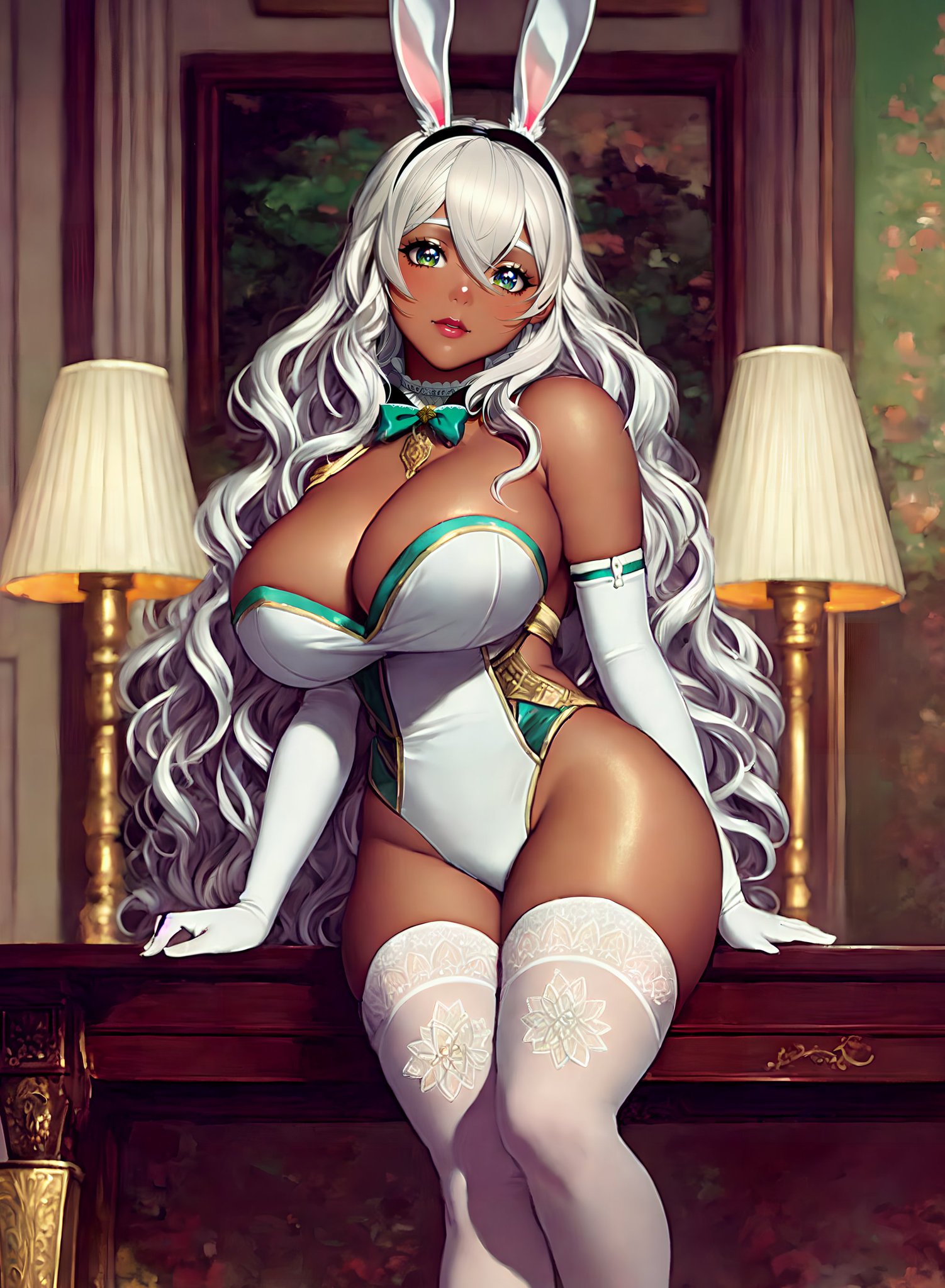 1girls, 2023, ai generated, bunny ears, bunny girl, bunnysuit, curvaceous, curvy body, curvy figure, female, female focus, female only, latex, stable diffusion, tagme, tanned female, tight clothing, voluptuous, voluptuous female, white hair, white stockings