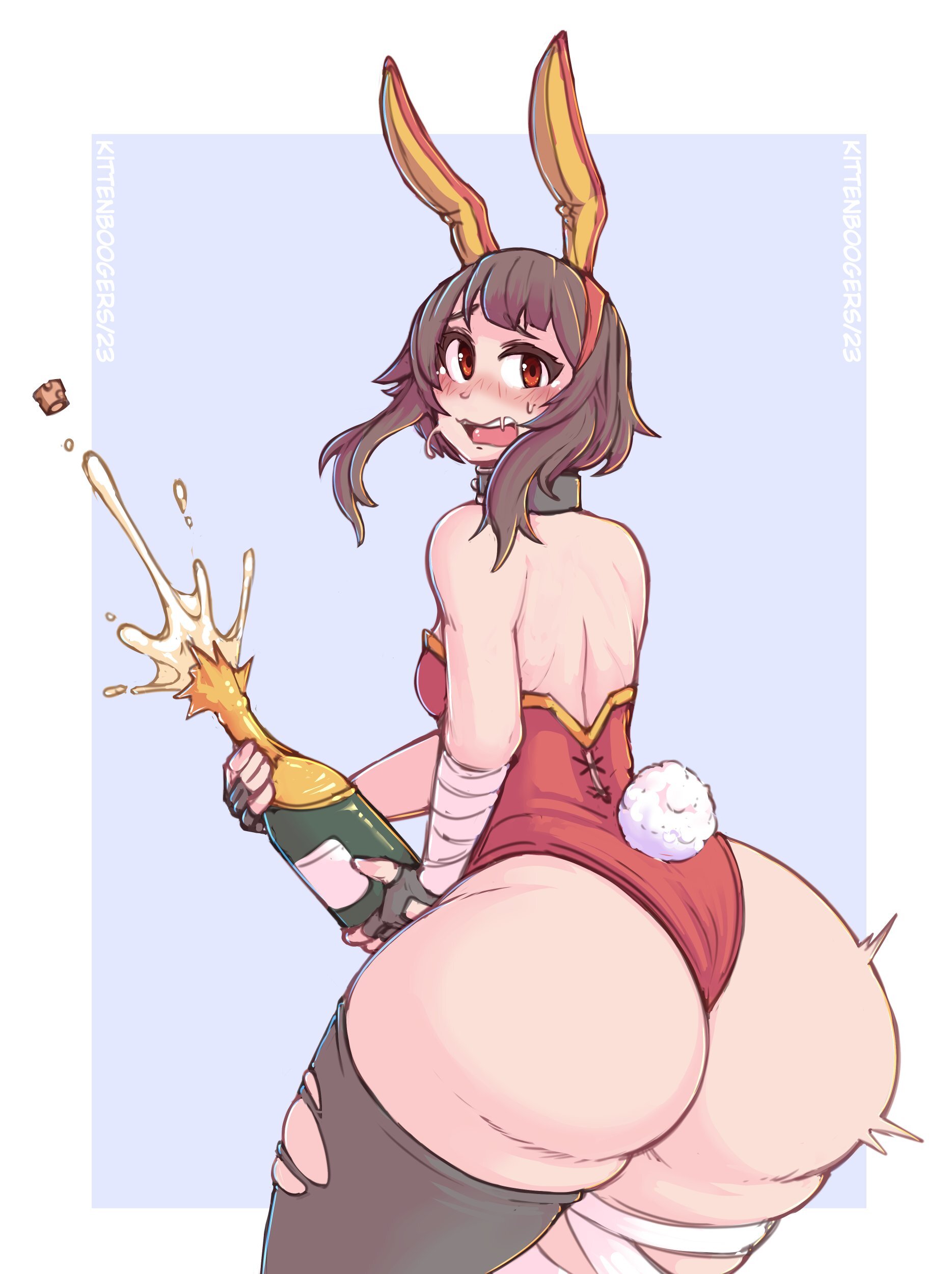 2023, alternate ass size, alternate costume, alternate version available, ass, ass expansion, ass focus, ass growth, bandaged leg, big ass, big butt, black hair, blush, bottom heavy, bubble ass, bubble butt, bunny ears, bunny girl, bunny tail, bunnysuit, female, female focus, female only, hi res, high resolution, highres, holding alcohol, holding drink, holding object, huge ass, huge butt, kittenboogers, kono subarashii sekai ni shukufuku wo!, large ass, large butt, looking at viewer, looking back, massive ass, massive butt, megumin, new year, new year 2023, open mouth, red eyes, short hair, simple background, solo, solo female, solo focus, tearing clothes, tearing clothing, thick thighs, thighhighs