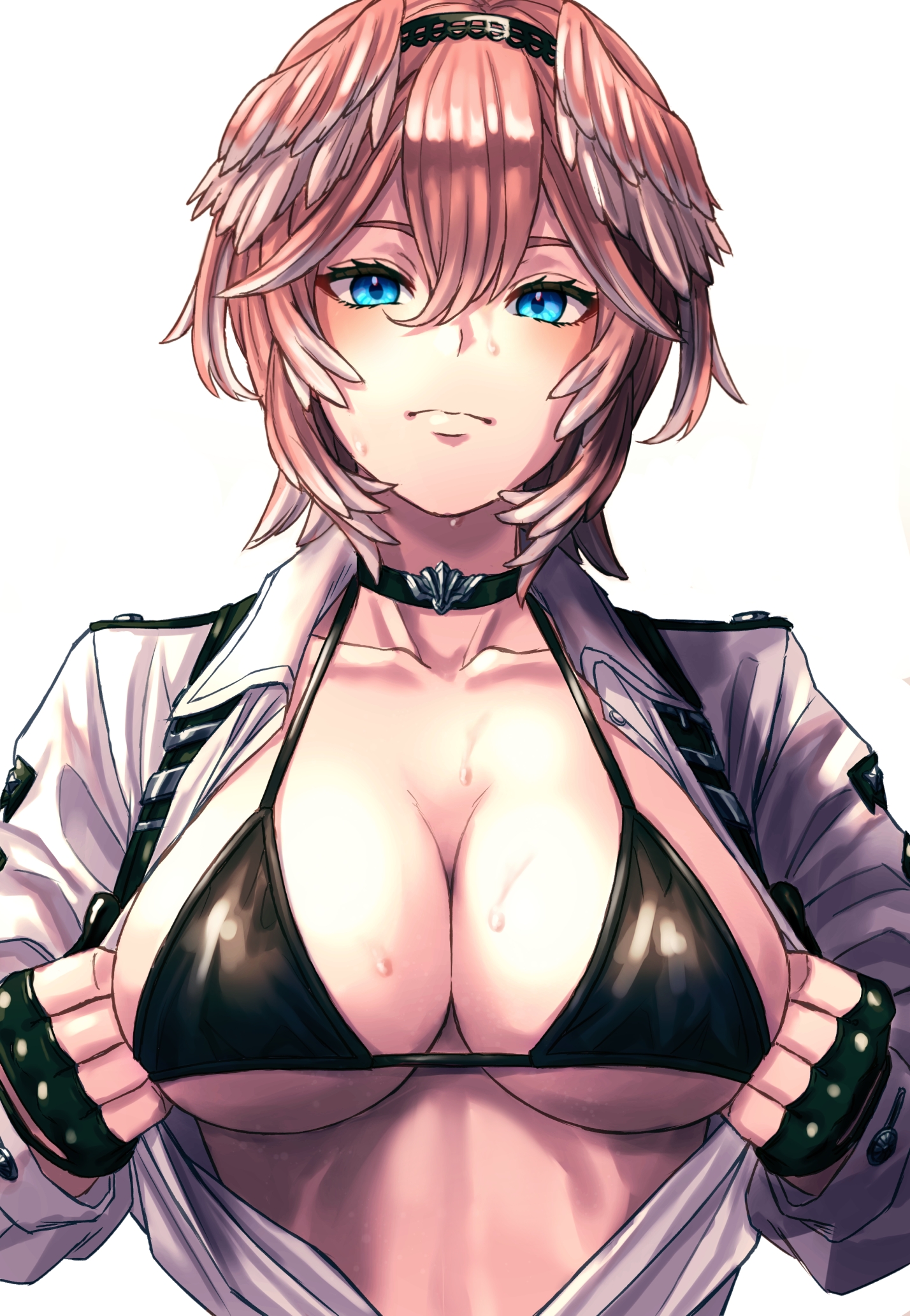 1girls, 2022, big breasts, bikini, bikini top, black bikini, black bikini top, blue eyes, blush, breasts, choker, cleavage, eyebrows, eyelashes, female, fingerless gloves, hololive, hololive japan, holox, open clothes, open shirt, pink hair, shirt, simple background, solo, supa 9 rou, sweatdrop, takane lui, upper body, virtual youtuber, white background, white shirt