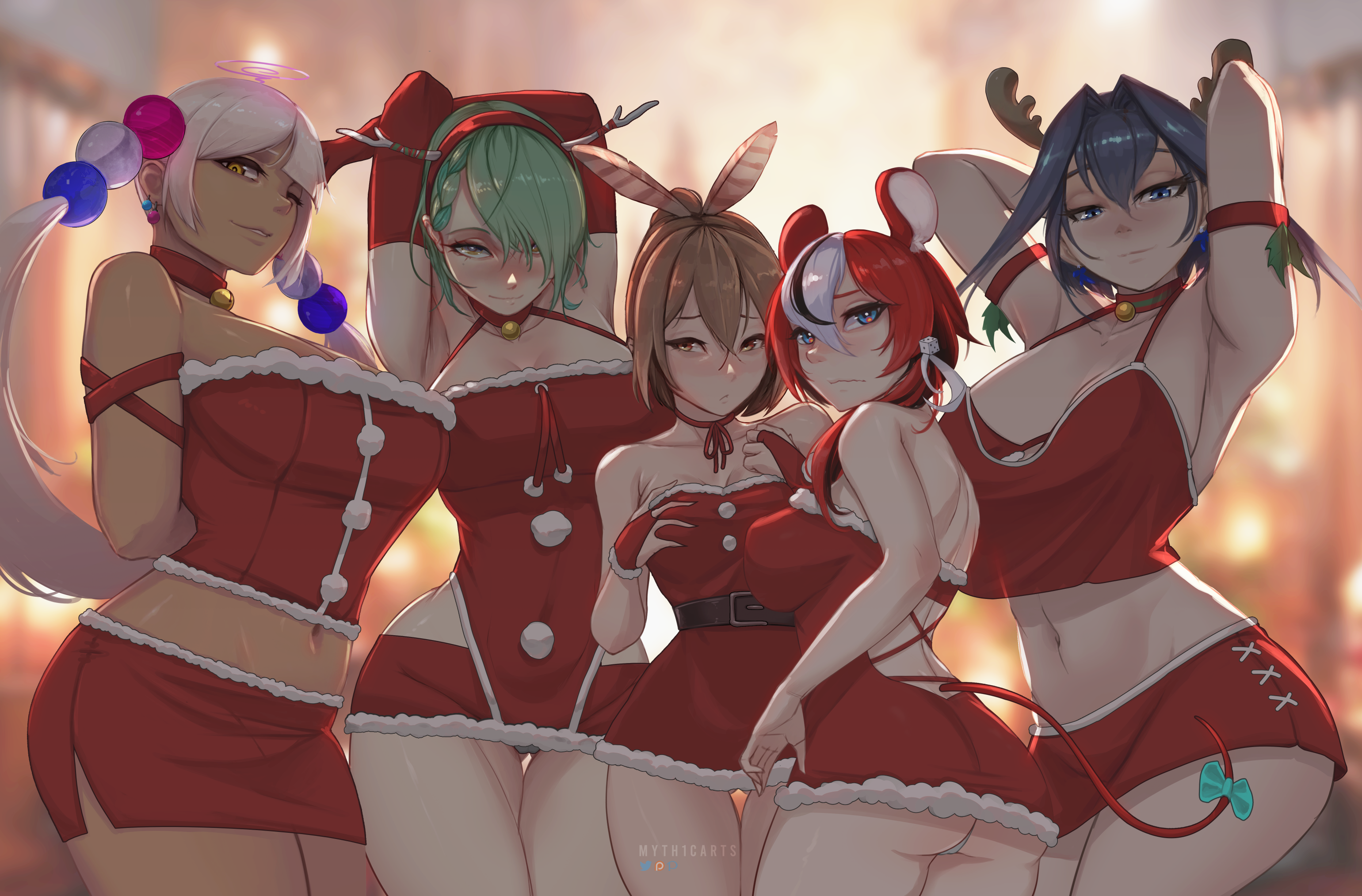 5girls, alternate costume, alternate version available, animal ears, armpits, arms behind head, ass visible through thighs, bare shoulders, blue eyes, blurry, blurry background, breasts, brown hair, ceres fauna, cleavage, cowboy shot, dress, female, female only, green hair, hair ornament, hakos baelz, highres, holocouncil, hololive, hololive english, hololive english -council-, hololive english -promise-, large breasts, long hair, looking at viewer, miniskirt, multiple females, multiple girls, myth1c, nanashi mumei, navel, ouro kronii, red hair, santa costume, short dress, short hair, shorts, skirt, stomach, tail, thigh gap, thighs, tsukumo sana, virtual youtuber