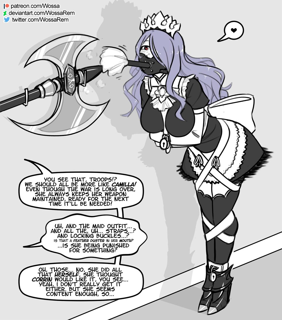 1girls alternate_costume axe bondage camilla_(fire_emblem) cleaning cosplay dialogue duster duster_gag english_text felicia_(fire_emblem)_(cosplay) female femsub fire_emblem fire_emblem_fates gag happy_sub heart high_heels maid maid_headdress maid_uniform nintendo offscreen_character purple_hair restrained speech_bubble strap_bondage straps text tied_arms tied_legs wavy_hair weapon wossarem