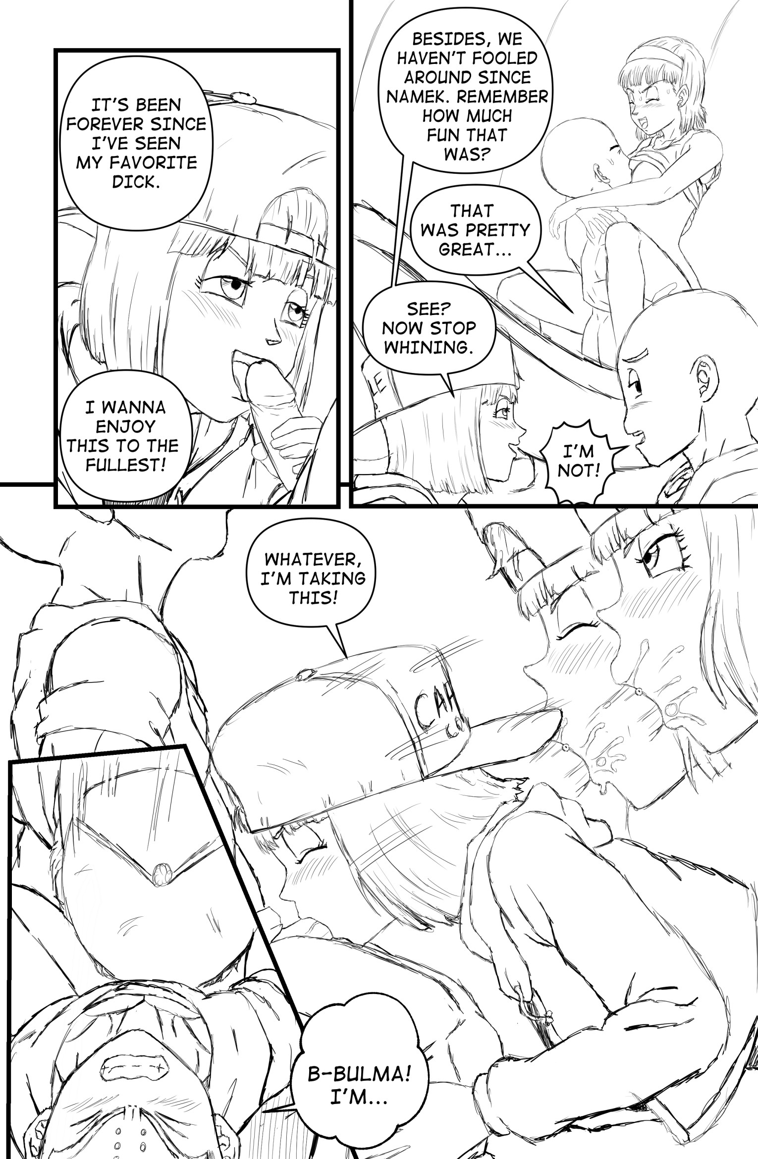1boy, 1girls, 2021, ambiguous penetration, assertive, assertive female, bent over, black and white, breasts, bulma briefs, bulma briefs (cell saga), closed eyes, comic, comic page, cowgirl position, deepthroat, dialogue, dragon ball, dragon ball z, fellatio, female, hairband, hand on penis, hat, hi res, krillin, kuririn, male, oral, penis, popblackcherry, saliva, sex, shirt lift, short hair, sketch, speech bubble, straight, text