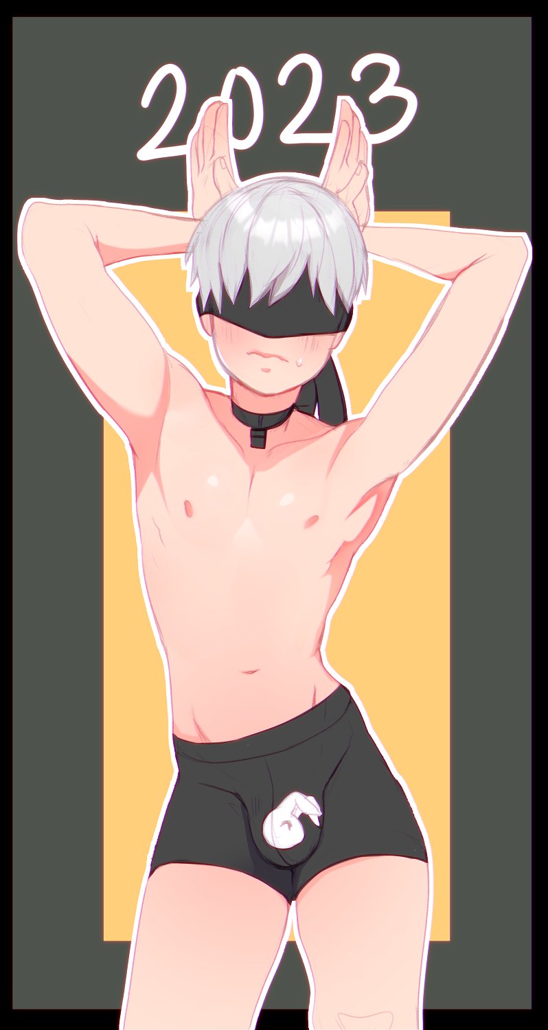 1boy, 2023, blindfold, blush, bunny pose, choker, hi res, higgyy, looking at viewer, male, male focus, male only, new year, nier: automata, penis, penis bulge, pose, short hair, solo, underwear, white hair, year of the rabbit, yorha 9s