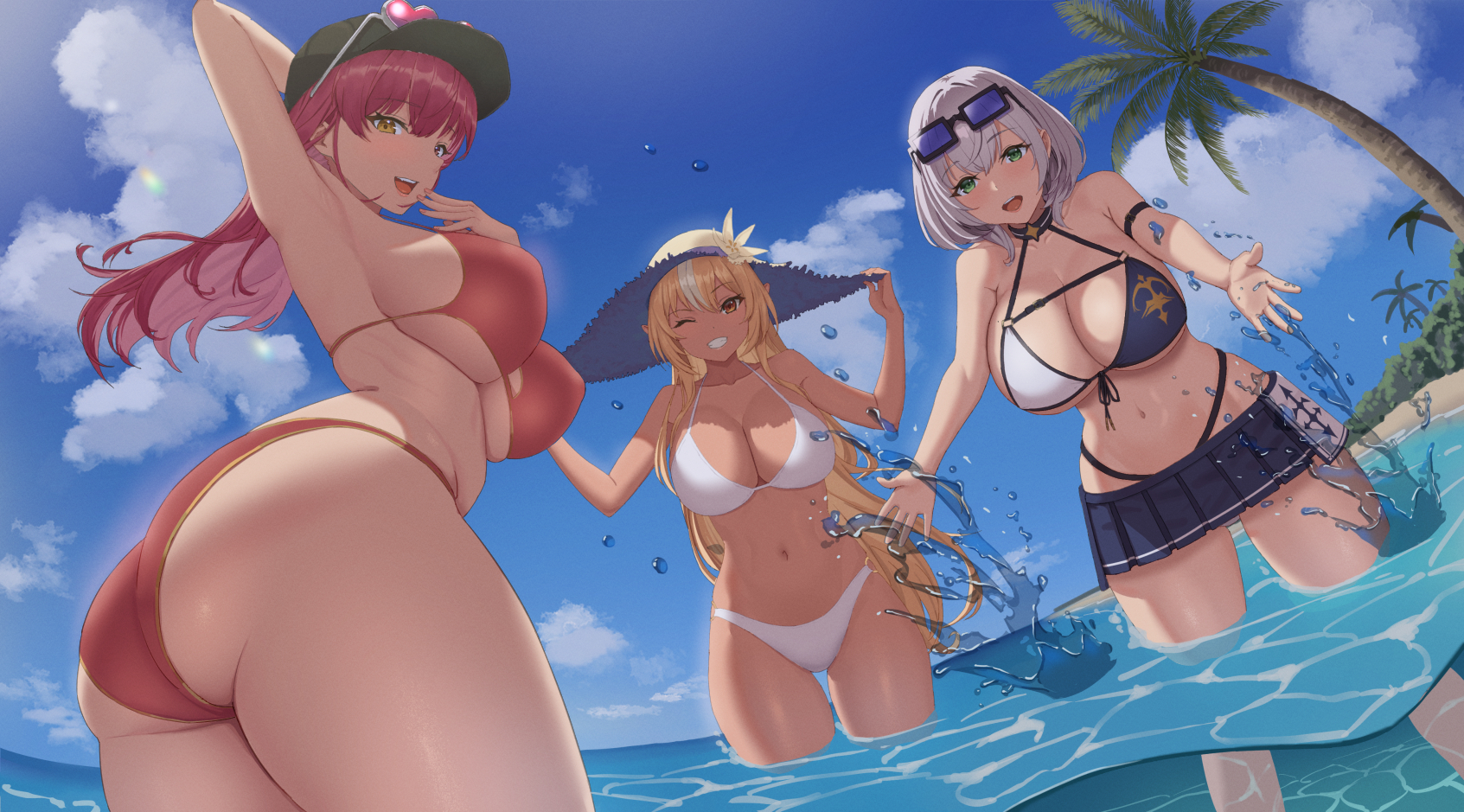 2022, 3girls, a domo, arm up, armpit, ass, beach, belly, big breasts, bikini, bikini bottom, bikini top, breasts, cap, cleavage, female, green eyes, hat, hololive, hololive fantasy, hololive japan, houshou marine, microskirt, miniskirt, navel, one eye closed, partially submerged, red bikini, red bikini bottom, red bikini top, shiranui flare, shirogane noel, skirt, splash, splashing, splashing water, summer, sunglasses on forehead, sunglasses on head, swimwear, thick thighs, thighs, virtual youtuber, water, water drop, white bikini, white bikini bottom, white bikini top, wink, yellow eyes