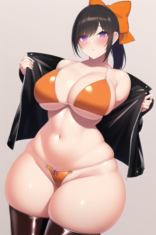 ai_generated black_hair black_jacket blush bow brown_boots curvaceous curvy hairbow highres large_breasts latex leather_boots leather_jacket nai_diffusion narrow_waist open_jacket orange_bikini orange_bow original original_character ponytail purple_eyes rubycks shiny_clothes shiny_skin stable_diffusion thick_thighs tight_clothing white_background wide_hips