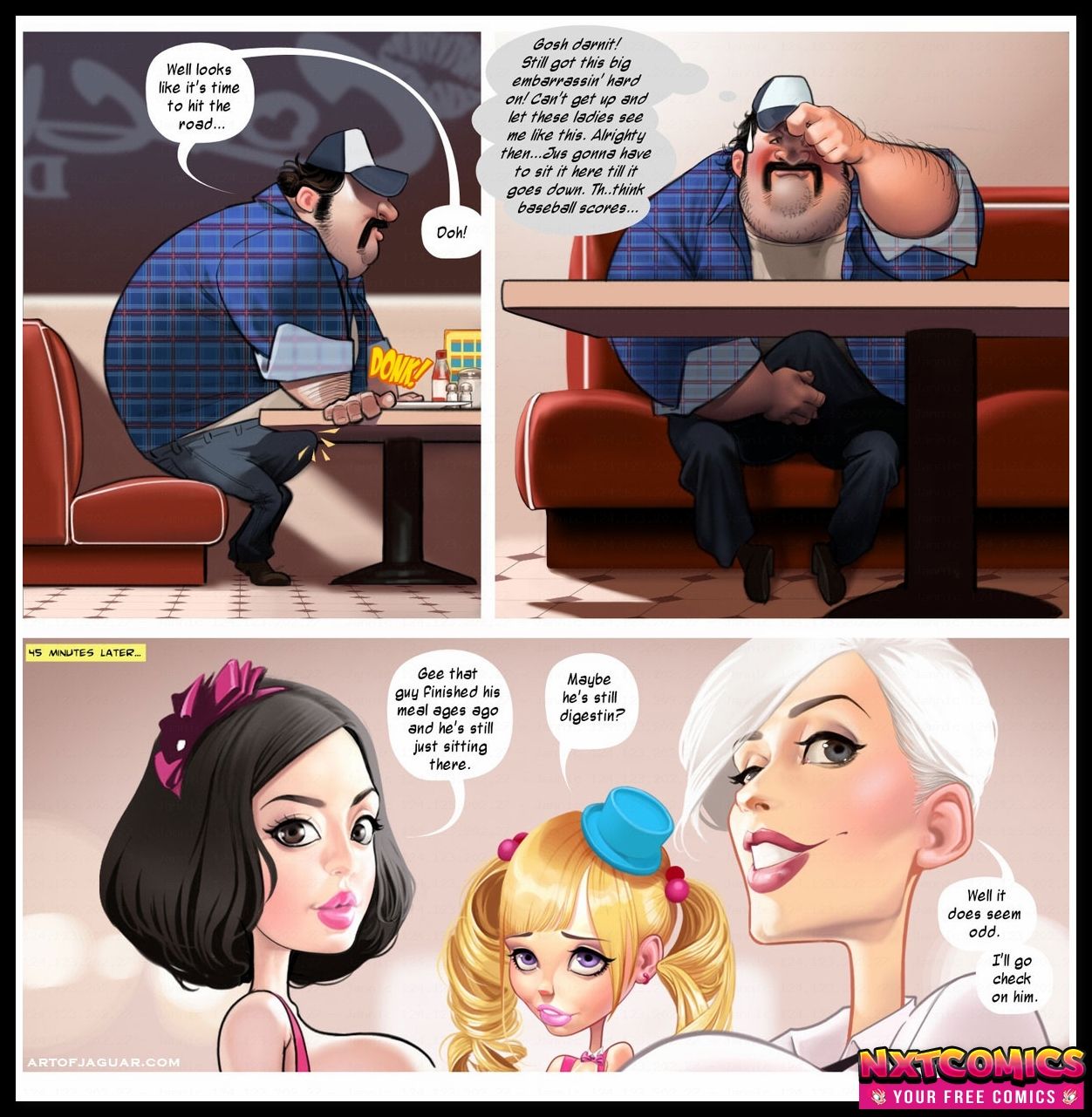 1boy 3girls blonde_hair brown_hair clothed comic diner english_text erection_under_clothes jaguar_(artist) text trucker ugly_bastard ugly_man