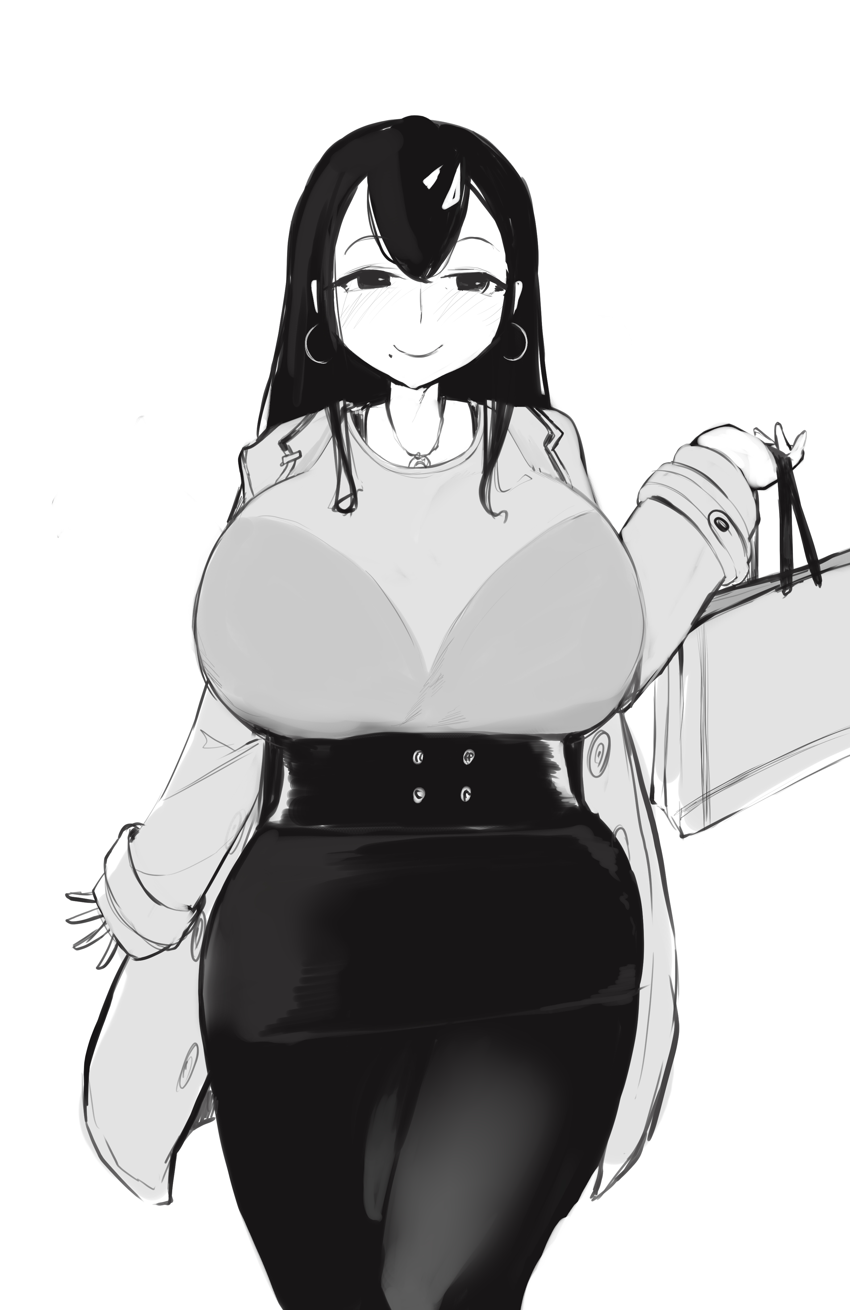 1futa, 2021, bangs, big penis, black hair, bra, breasts, bulge, bulge down leg, clothed, clothing, flaccid, fully clothed, futa only, futanari, greyscale, huge breasts, human, intersex, long hair, monochrome, pencil skirt, penis, restroom, restroom stall, solo, ssenko, standing, thick thighs, tight clothing, translucent, translucent clothing, wide hips