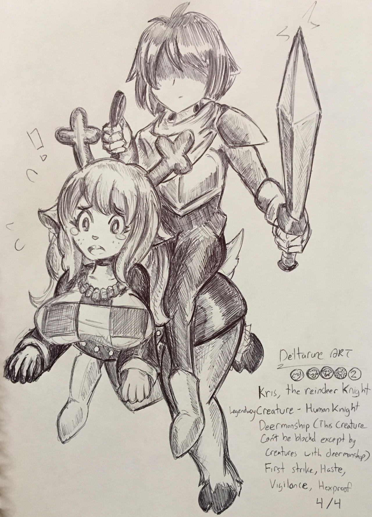 anthro antlers armor bent_over big_eyes biped busty carrying_partner collar cute deer deer_girl deltarune english_text female femsub freckles fur furry furry_legs gameplay_mechanics greyscale hand_drawn hidden_eyes holding_sword holding_weapon hooves knight kris_(deltarune) leash maledom monochrome mount noelle_holiday paper_(artwork) paper_drawing petplay pikapika212 ponyplay rein_pull reindeer reins sitting_on_person sketch startled stats sword tail tears text traditional_media_(artwork) unguligrade_anthro unguligrade_feet