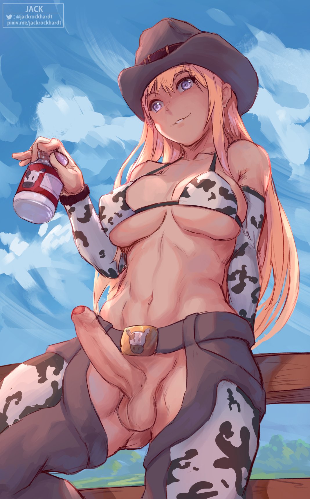 1futa, 2023, balls, big breasts, blonde hair, breasts, cleavage, clothed, clothing, cow print, cowgirl, cowgirl outfit, erection, female, foreskin, futa only, futanari, hat, human, intersex, jackrockhardt, jar, light skin, light-skinned futa, long hair, looking at viewer, low-angle view, mostly nude, penis, solo, standing, testicles, uncircumcised, uncut