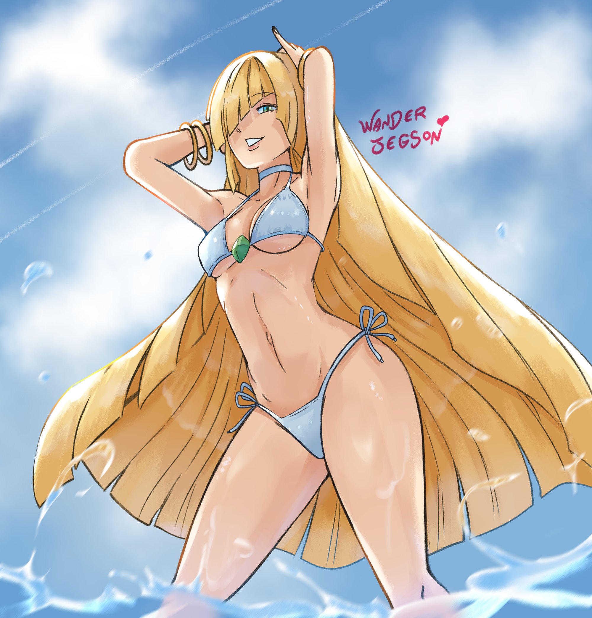 1girls, 1milf, 2023, 2d, adult, adult female, armpit, armpits, arms up, artist name, beach, bikini, blonde hair, blue bikini, bracelet, bracelets, breasts, choker, cloud, clouds, day, daytime, fair skin, fair-skinned female, female, female focus, female only, fit, fit female, green eyes, hair over one eye, hips, human, human female, human only, jewelry, light skin, light-skinned female, long hair, looking at viewer, lusamine (pokemon), mature, mature female, medium breasts, midriff, milf, mom, mommy, outdoors, painted nails, pokemon, pokemon sm, realistic breast size, realistic proportions, slim, smile, solo, solo female, solo focus, straight hair, swimsuit, thighs, underboob, very long hair, wanderjegson, water, wet, white bikini, white swimsuit, wide hips