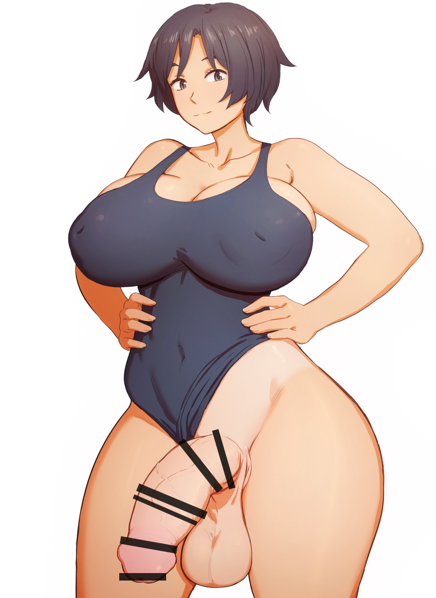 1futa 2022 balls bar_censor big_breasts big_penis black_hair bottomless breasts censored clothed clothing flaccid futa_only futanari human light-skinned_futanari light_skin partially_clothed penis penis_out short_hair solo standing swimsuit tan tanline uncensored_version_at_source zoryc