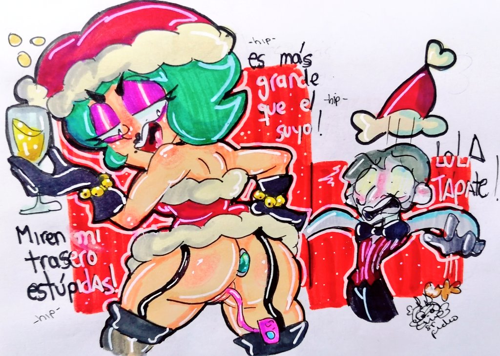 (mirius) 1boy 1girls alcohol anal_toy angry_face anthro anus ass big_ass blush brawl_stars christmas christmas_clothing gray_(brawl_stars) green_hair holidays legs lola_(brawl_stars) makeup mime pussy raviollimr red_background sketch smiley_face spanish_text supercell tagme text toys