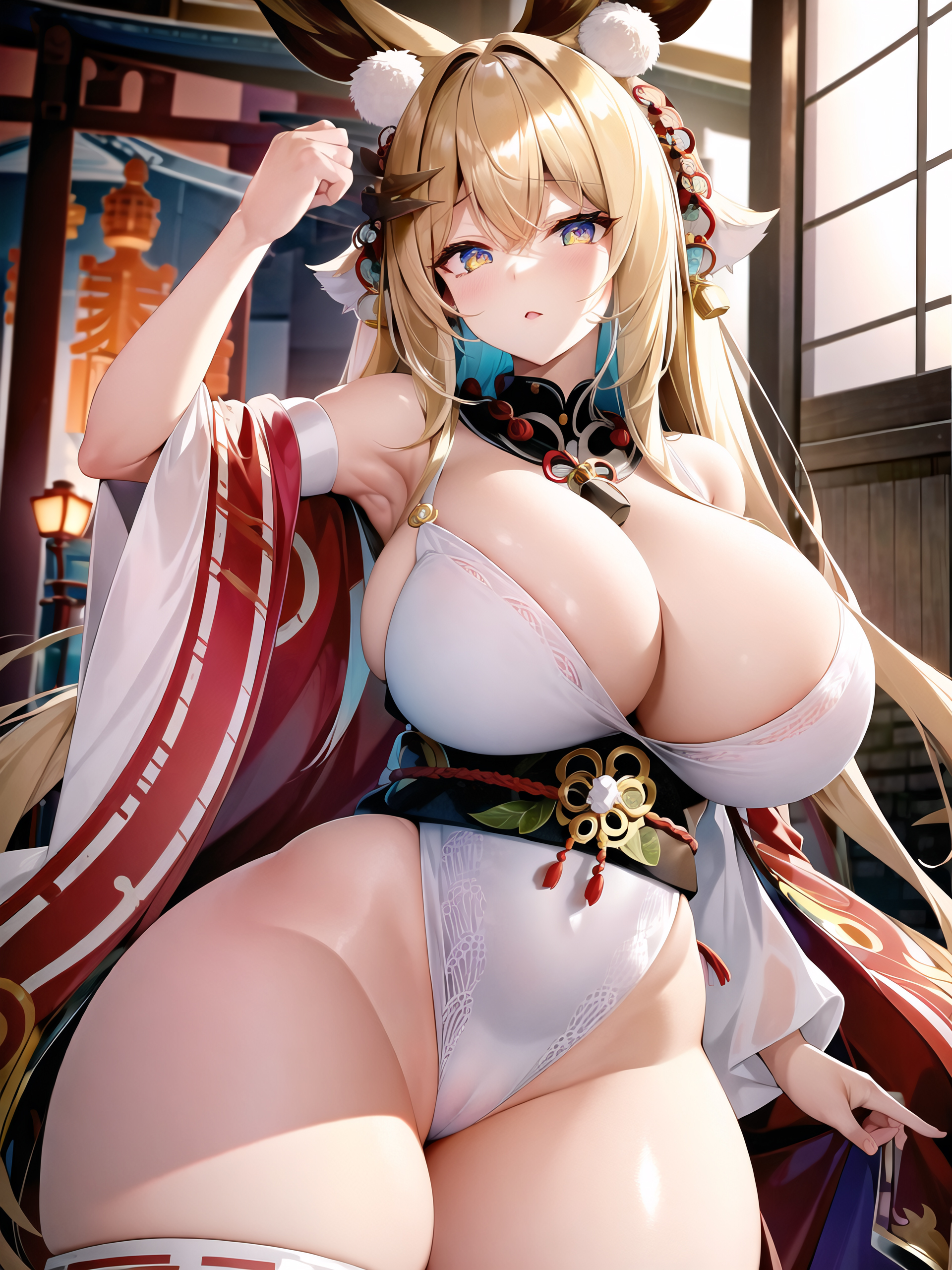 1girls, ai generated, animal ears, blonde hair, breasts, cleavage, detached sleeves, female, highleg leotard, huge breasts, kemonomimi, leotard, light skin, light-skinned female, long hair, massive breasts, original, original character, rabbit ears, stable diffusion, thick thighs, thighhighs, wide hips, yellow eyes