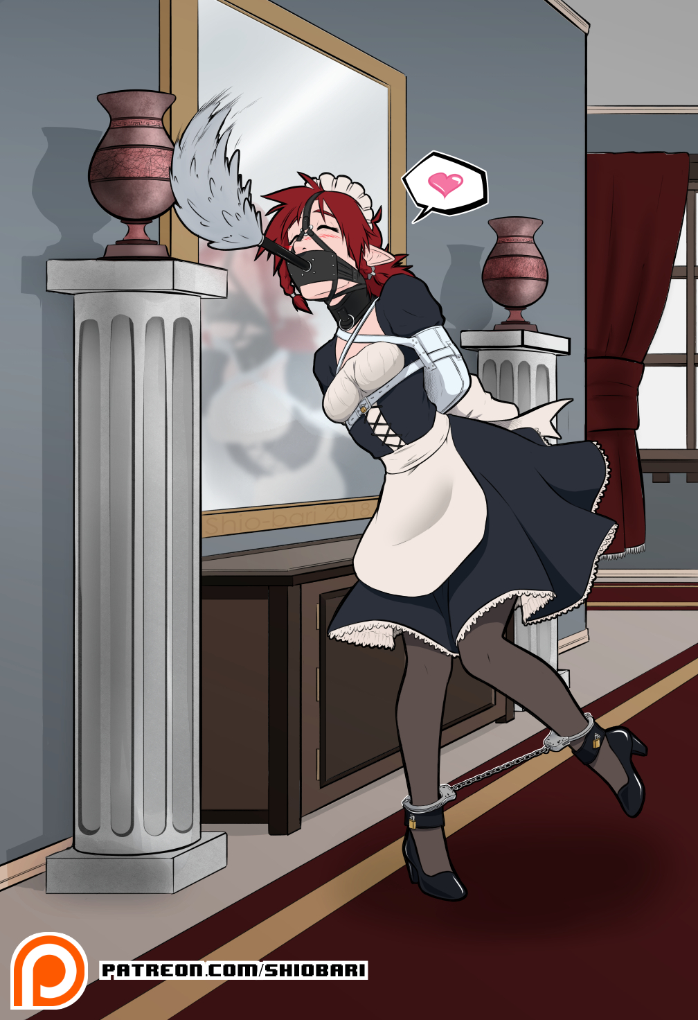 1girls armbinder arms_behind_back blush bondage cleaning closed_eyes cuffed_ankles cuffs duster_gag female female_only femsub gag gagged happy_sub heart high_heels maid maid_headdress maid_uniform mirror mirror_reflection pointy_ears red_hair robyn_(shio-bari) shio-bari vase