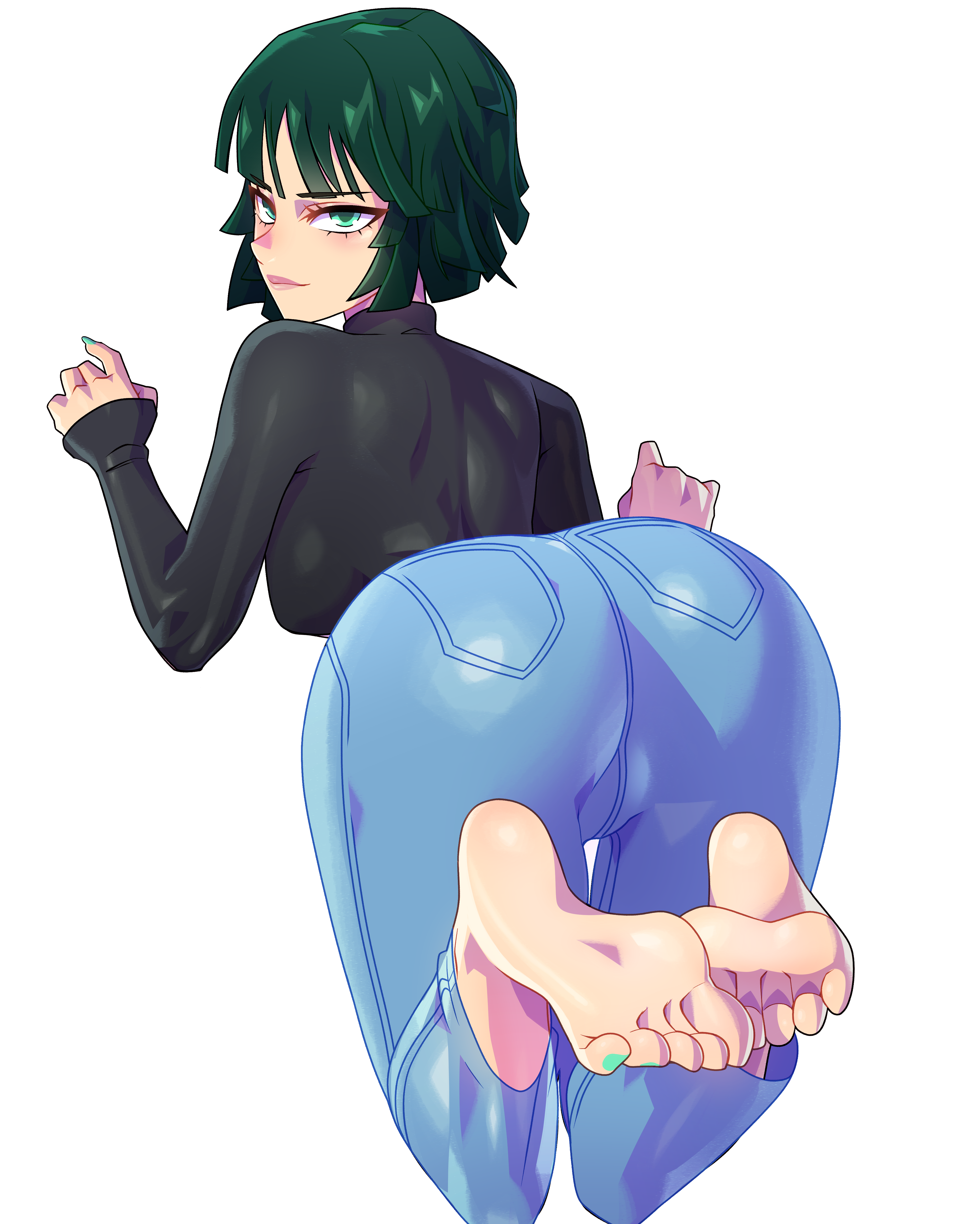 1girls, absurd res, ass, ass focus, back, back view, bangs, big ass, big breasts, big butt, blush, breasts, butt focus, clothed, clothing, curvaceous, curvy, curvy body, curvy female, curvy figure, dark green hair, eye contact, eyelashes, fat ass, feet, feet together, female, female focus, female only, fit, fit female, foot fetish, foot focus, fringe, fubuki (one-punch man), green eyes, green hair, highres, hips, hourglass figure, huge ass, jeans, large ass, legs, legs together, light skin, light-skinned female, lips, lipstick, long sleeves, looking at viewer, looking back, minicop2001, nails, one-punch man, pants, pink lips, pink lipstick, round ass, shiny skin, shirt, short hair, sideboob, skin tight, slim, smile, smiling at viewer, smirk, solo, solo female, solo focus, sweater, thick, thick ass, tight clothing, toes, toned, toned back, toned body, toned female, turtleneck, turtleneck sweater, voluptuous, white background, wide hips