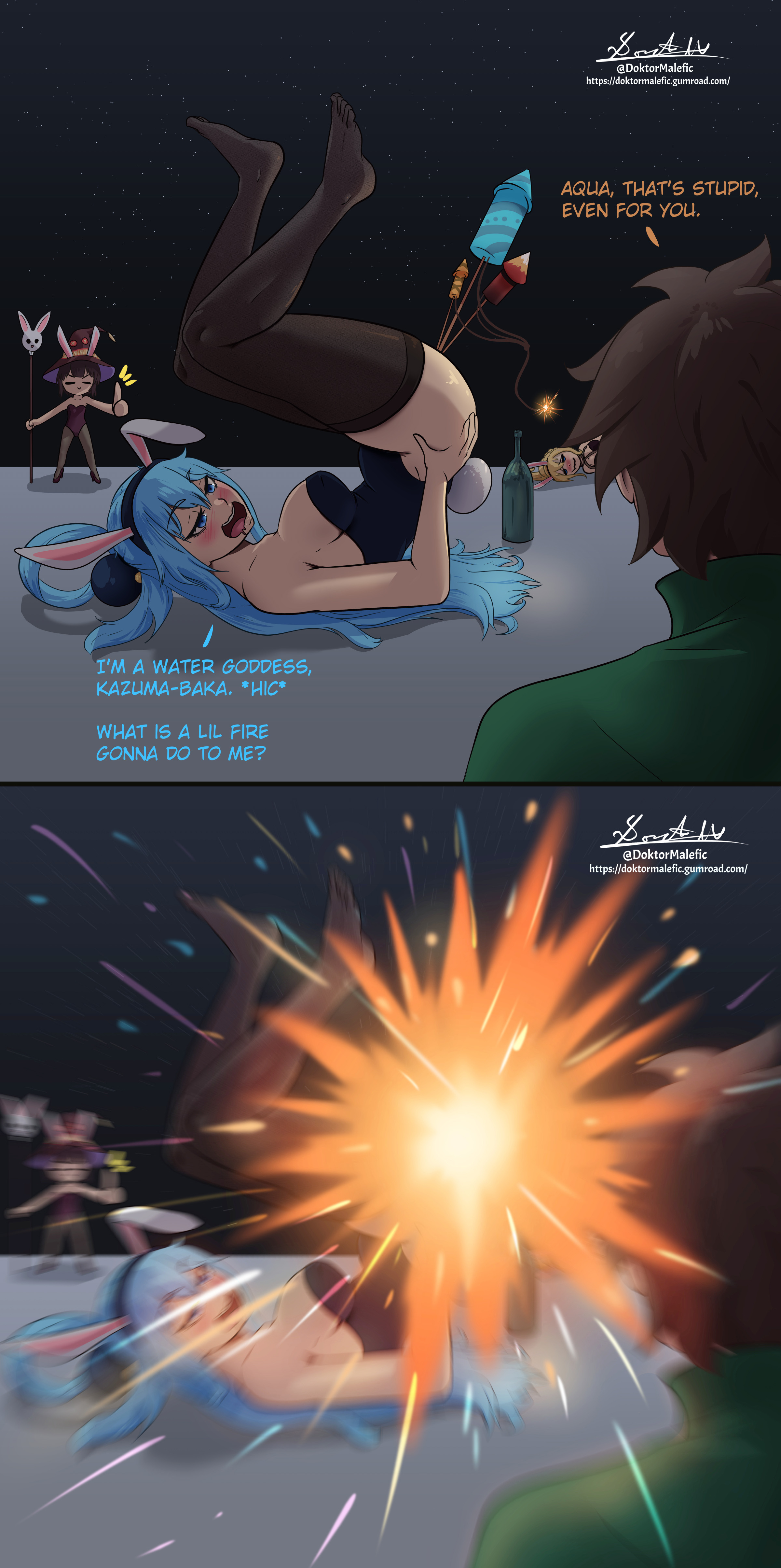1boy, 2022, 3girls, absurd res, aqua (konosuba), aqua hair, blue eyes, blush, brown hair, bunny ears, bunny tail, bunnysuit, character in background, darkness (konosuba), dialogue, doktor malefic, drooling, drunk, english text, explosion, female, female focus, fireworks, funny, imminent death, kono subarashii sekai ni shukufuku wo!, legs up, long hair, lying, lying on back, male, megumin, multiple females, multiple girls, new year, night sky, satou kazuma, starry sky, stockings, text, thick thighs, thumbs up, year of the rabbit