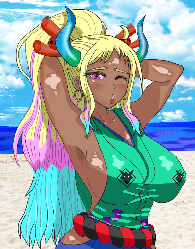 alternate_skin_color alternative_skin_color alternative_version_available armpit armpit_crease armpit_peek armpits arms_behind_back arms_up beach belt blonde_hair blowing_kiss blue_hair blue_horn blue_horns blue_pants blush dark-skinned_female dark_body dark_persona dark_skin eddarxart female female_only green_kimono green_shirt hair_ornament hand_in_own_hair horns kimono large_breasts looking_at_viewer multicolored_hair obi one_piece pink_hair ponytail puckered_lips purple_eyes showing_armpits showing_off sideboob sidelocks sleeveless sleeveless_shirt thick_eyebrows wink winking winking_at_viewer yamato_(one_piece) yellow_hair