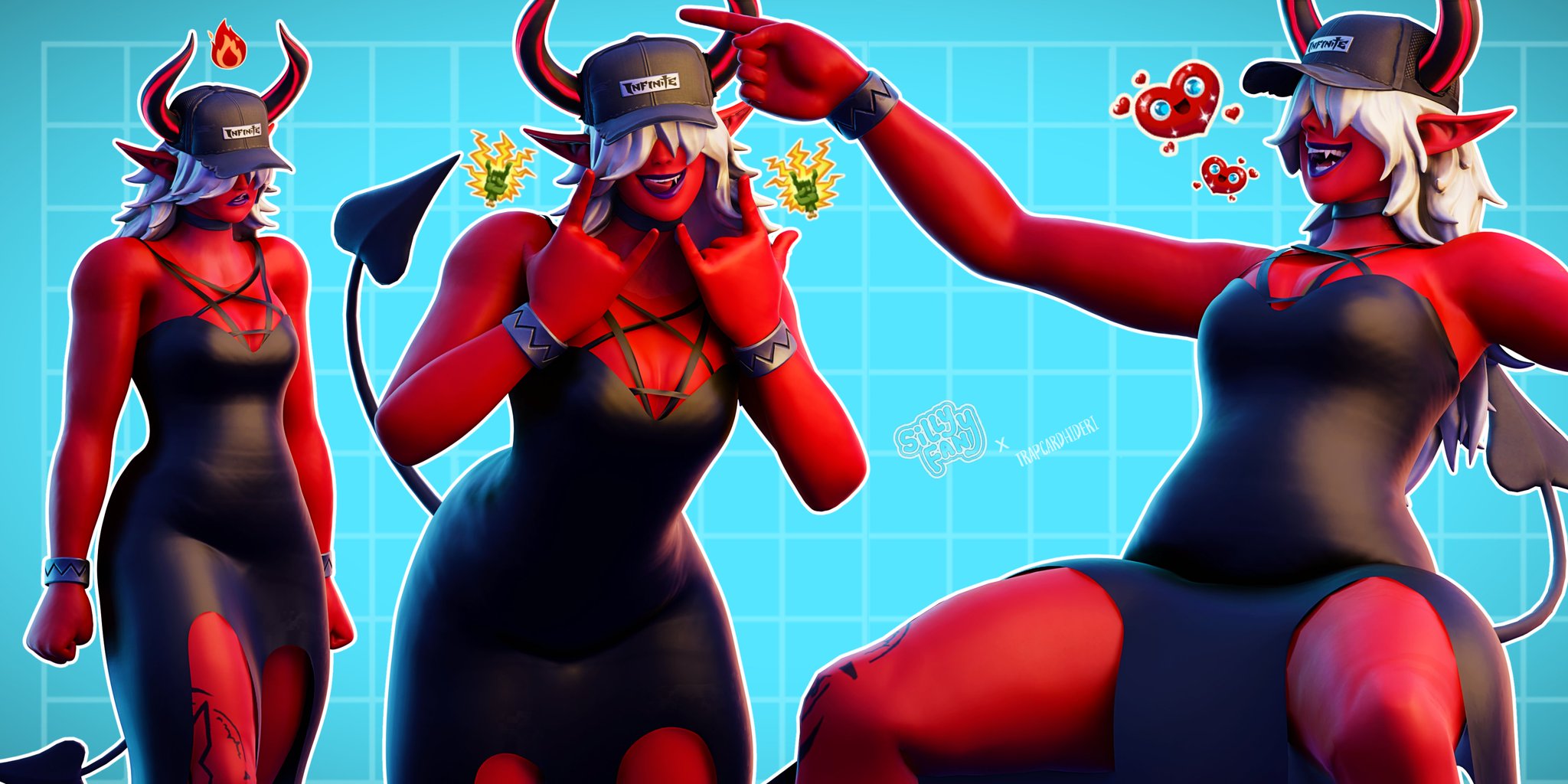 breasts, demon, demon tail, desdemona (fortnite), dress, female, fortnite, hat, horn, horns, red skin, sharp teeth, solo, tail, teeth
