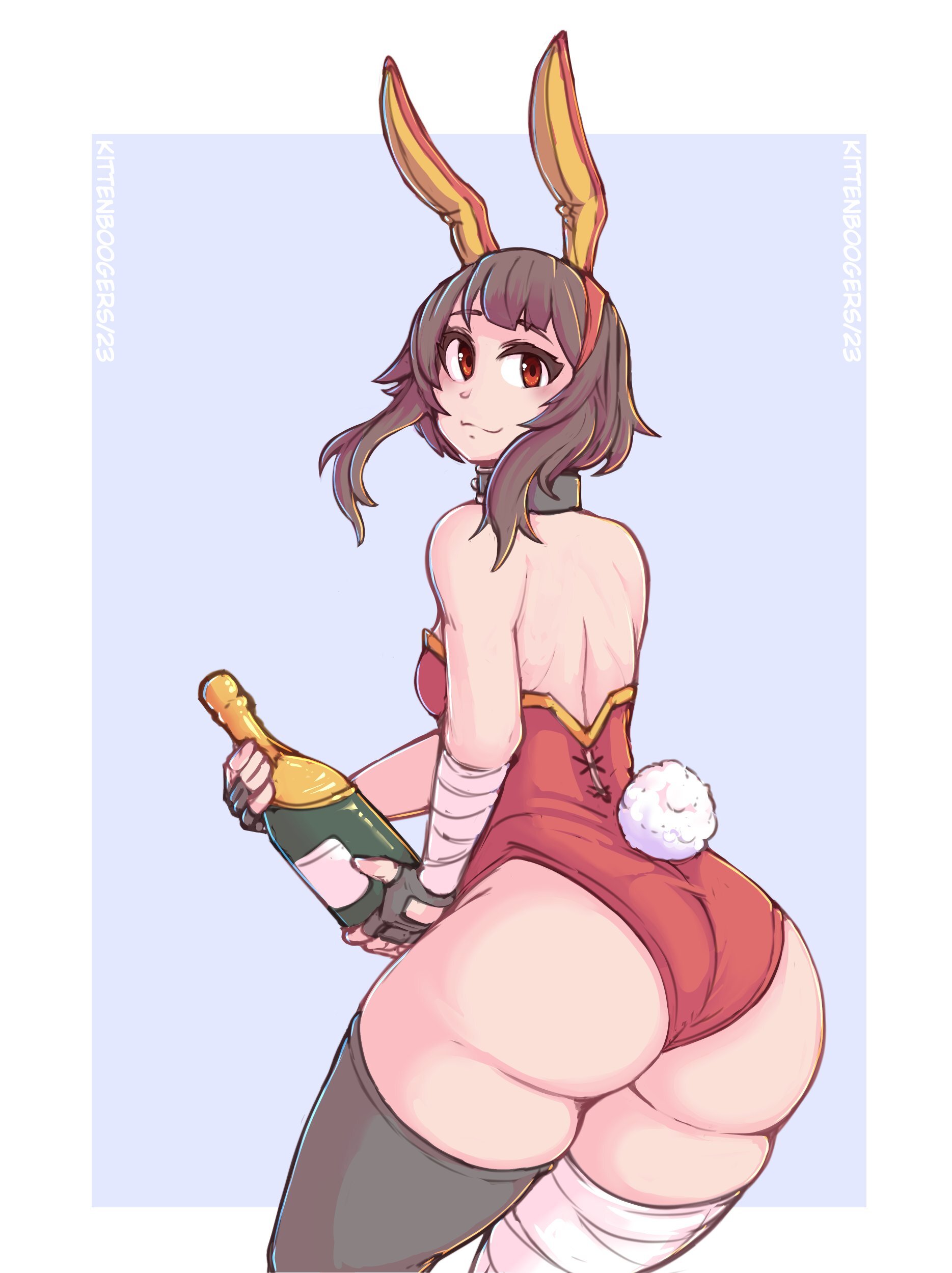 2023, alternate ass size, alternate costume, alternate version available, ass, ass focus, bandaged leg, big ass, big butt, black hair, bottom heavy, breasts, bubble ass, bubble butt, bunny ears, bunny girl, bunny tail, bunnysuit, female, female focus, female only, hi res, high resolution, highres, holding alcohol, holding drink, holding object, kittenboogers, kono subarashii sekai ni shukufuku wo!, looking at viewer, looking back, megumin, new year, new year 2023, red eyes, short hair, simple background, small breasts, solo, solo female, solo focus, thick thighs, thighhighs