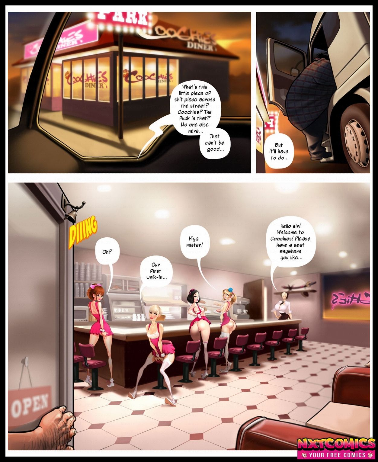 5girls blonde_hair brown_hair clothed comic diner english_text female female_focus jaguar_(artist) male nipples_visible_through_clothing see-through short_skirt skimpy skirt stockings text trucker ugly_bastard