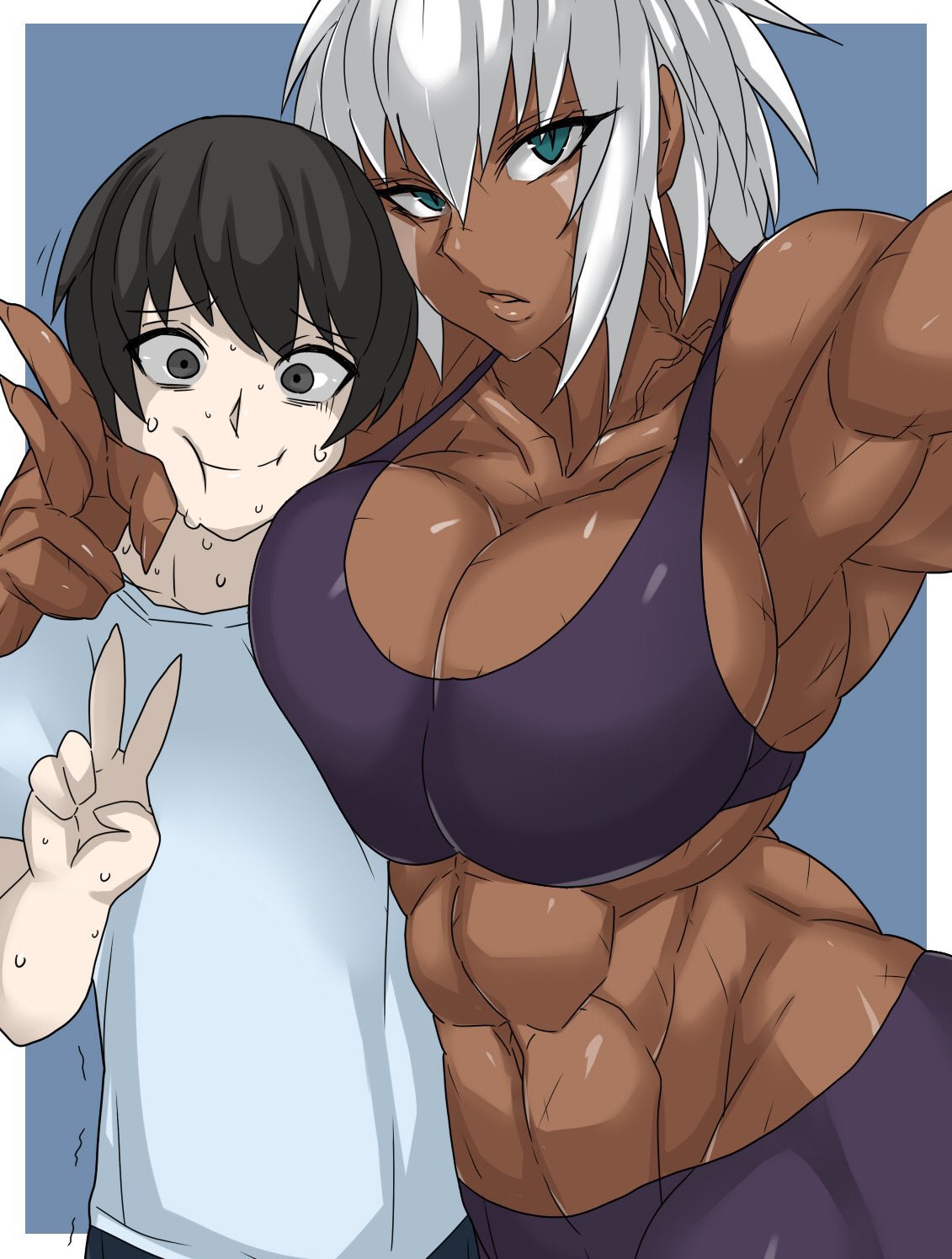 1boy 1girls abs big_breasts blue_eyes dark-skinned_female dark_skin facial_markings hug larger_female light-skinned_male light_skin midriff muscular muscular_female nervous original peace_sign selfie shaking smaller_male sweat tagme tomboy vein white_hair wide_hips zinga_(zokusuke) zokusuke