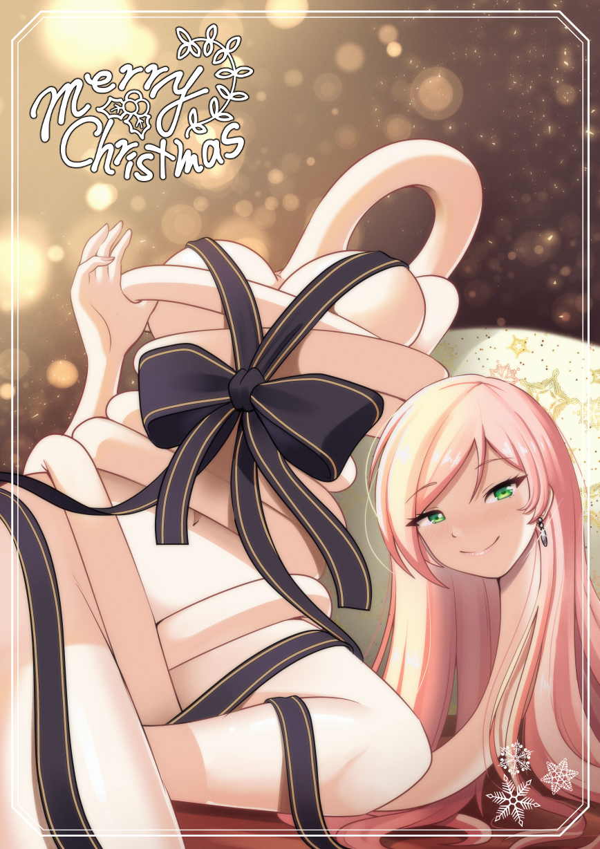 christmas elastic green_eyes looking_at_viewer naked_ribbon pantsudesu pink_hair saki_(pantsudesu) solo solo_female wrapped_around_self