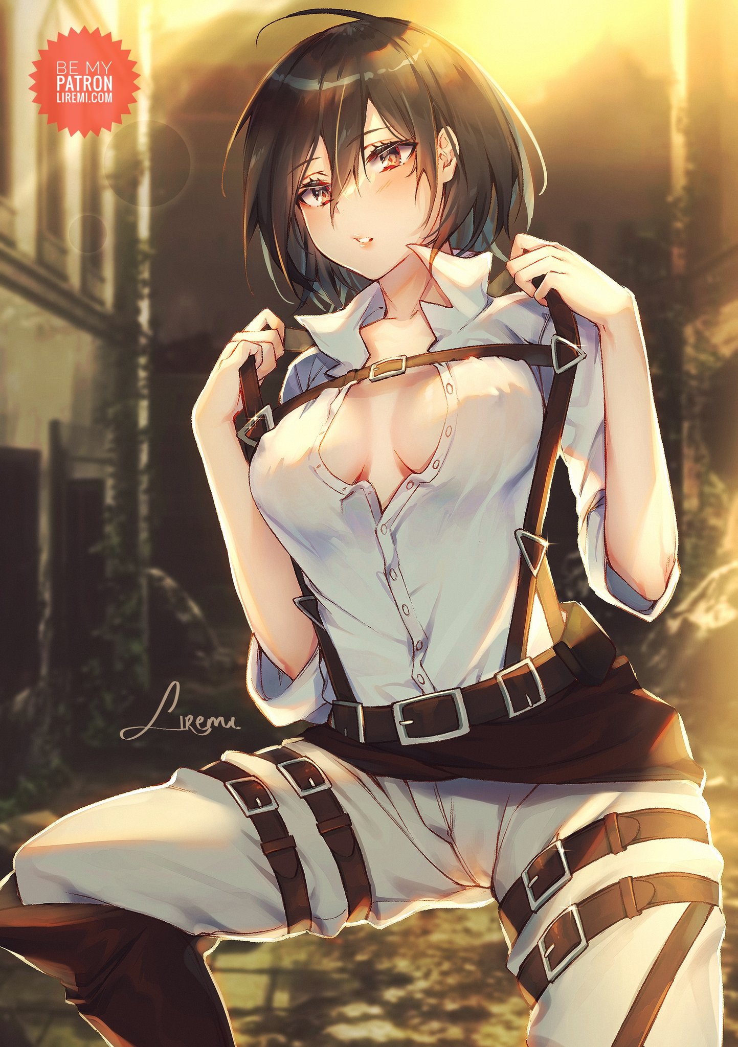 1girls, attack on titan, breasts, cleavage, female, female only, light skin, light-skinned female, liremi, mikasa ackerman, shingeki no kyojin, tight clothing