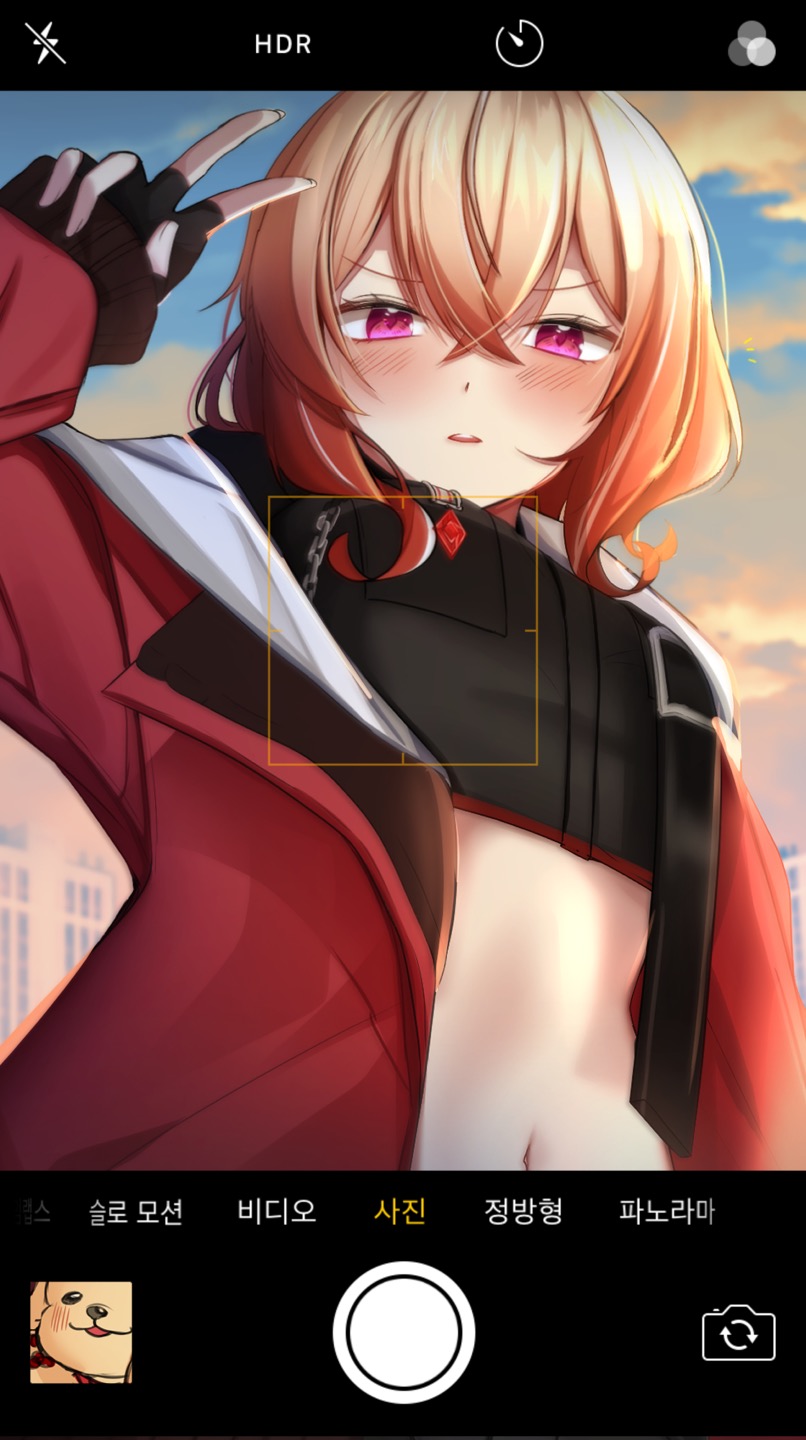 1girls belly_button blush chaum_(차움) clothed clothing female female_only fingerless_glove glove korean_text lee_a-ni light-skinned_female light_skin looking_at_phone luvdia medium_breasts phone_camera pink_eyes solo taking_picture text user_interface v_sign virtual_youtuber