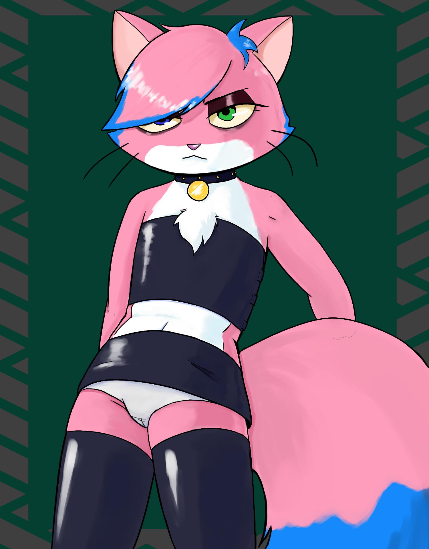 alpha_lexa annoyed annoyed_expression anthro chest_tuft clothed clothing collar emo felid feline feline_humanoid felis female hair_over_one_eye heterochromia hoodie mammal mammal_humanoid pussy ryan's_world skimpy skimpy_clothes standing unawarey virtual_youtuber vtuber