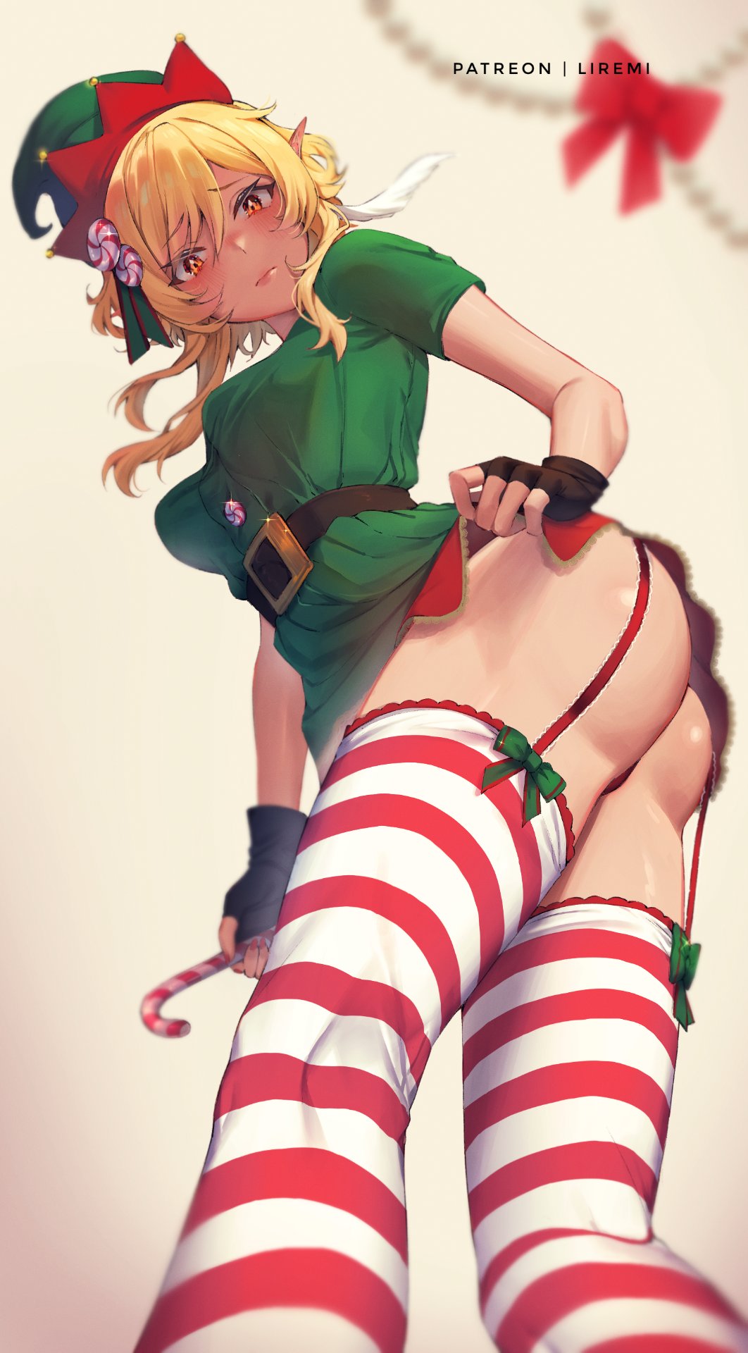 1girls, ass, big ass, blonde hair, breasts, christmas, christmas clothing, christmas outfit, female, female only, genshin impact, light-skinned female, liremi, low-angle view, lumine (genshin impact), solo