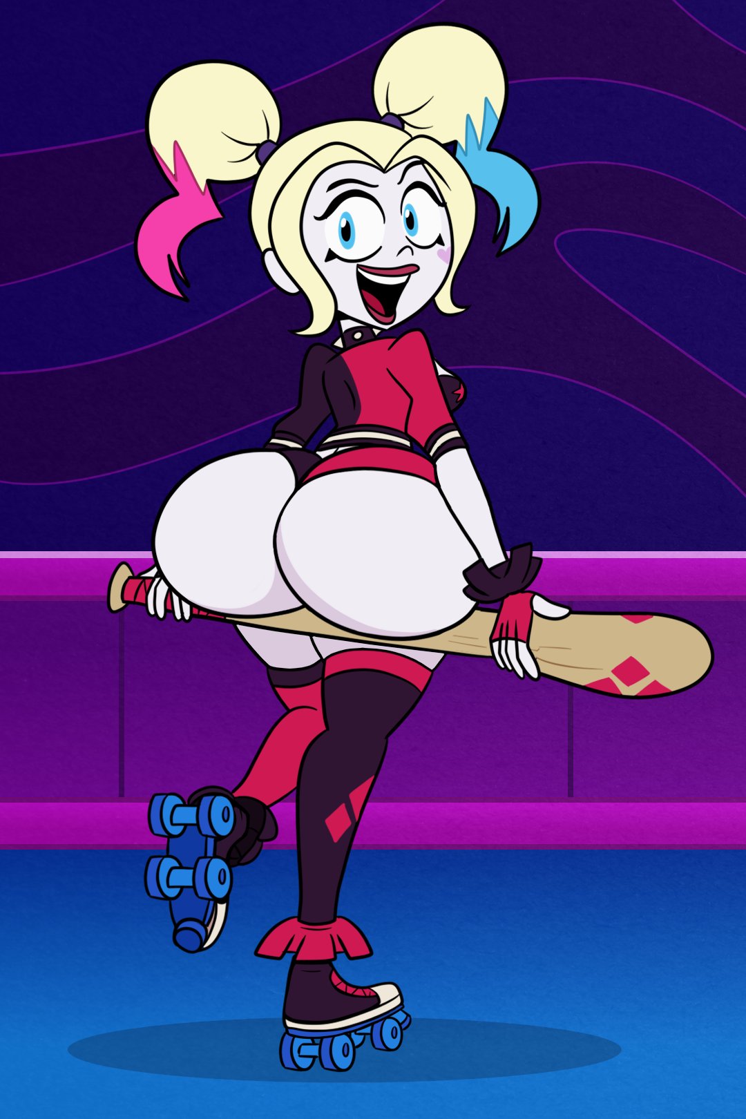 1girls 2023 5_fingers ass baseball_bat big_ass big_breasts blonde_hair blue_eyes breasts bubble_butt cartoon_network clown clown_girl clown_makeup cute dc dc_comics female female_only harley_quinn harley_quinn_(ttg) huge_ass looking_at_viewer looking_back makeup pigtails roller_skates scobionicle99 sideboob solo tagme teen_titans_go twintails weapon