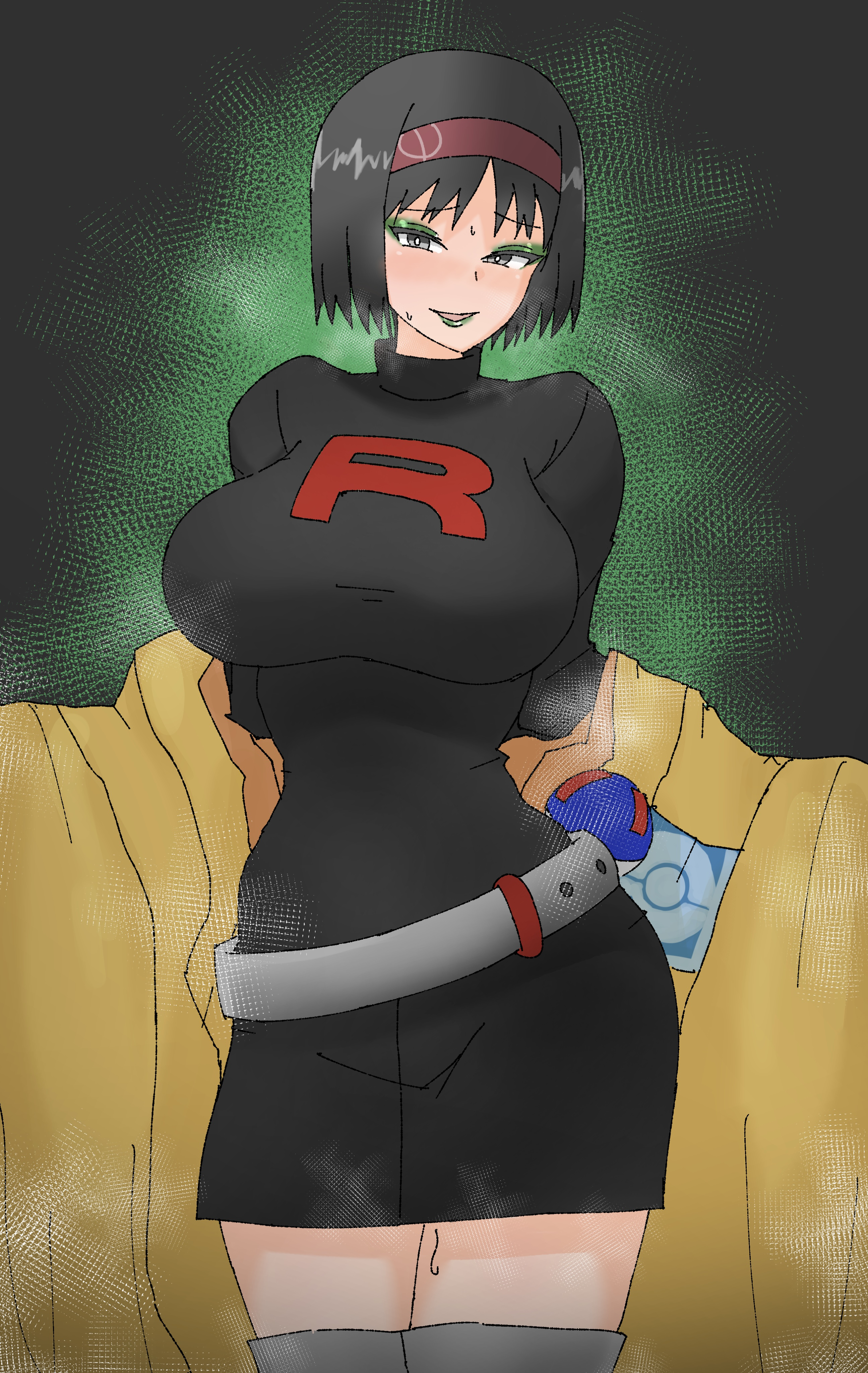 1girls, alternate breast size, alternate costume, artist request, belt, black hair, breasts, colored, corrupted, corruption, enemy conversion, erika (pokemon), eyeliner, female, game freak, green eyeliner, green lipstick, grey eyes, gym leader, hairband, kimono, large breasts, lipstick, looking at viewer, nintendo, pokeball, pokemon, pokemon rgby, short hair, steam, sweat, sweatdrop, tagme, tagme (artist), team rocket, wide hips