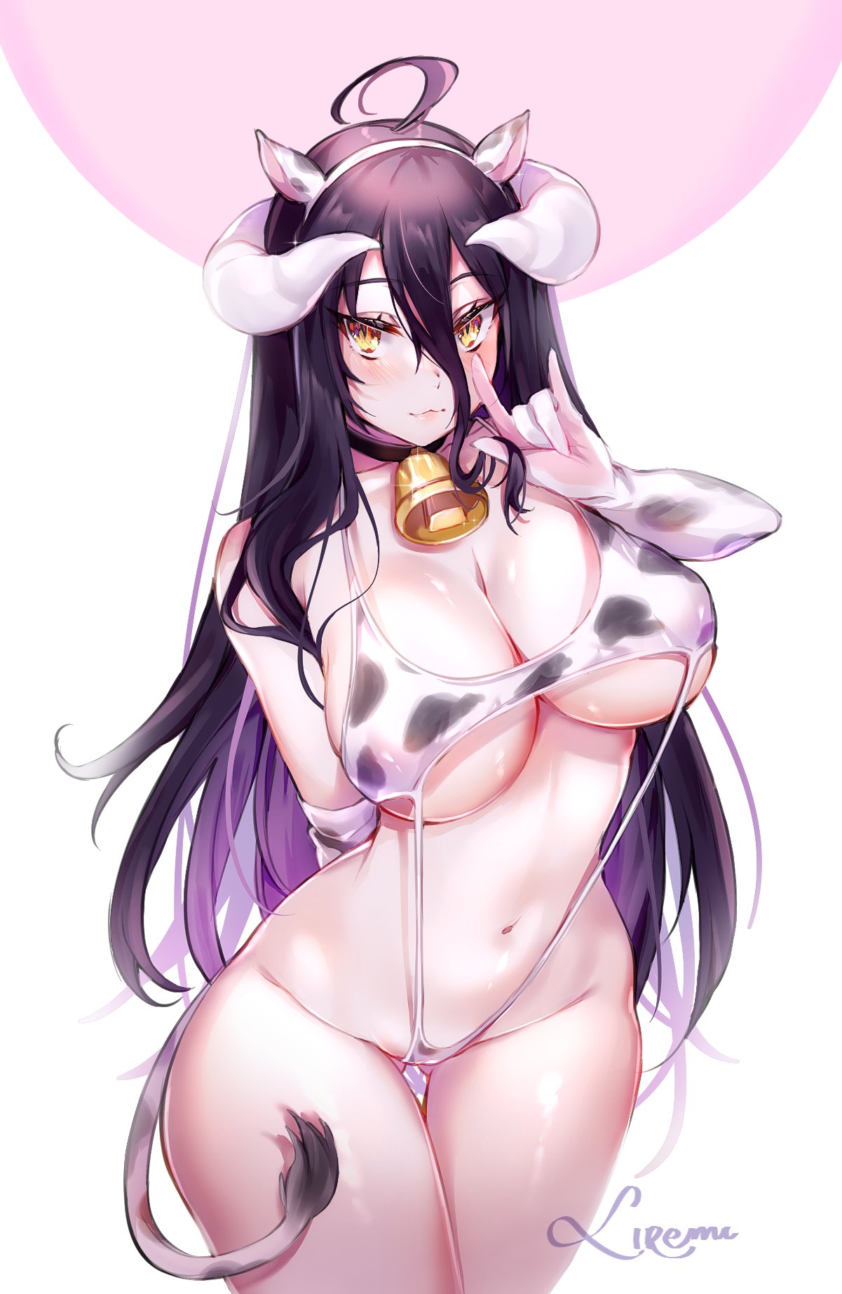 1girls, albedo (overlord), big breasts, breasts, cleavage, cow print, demon, demon girl, demon horns, female, female only, light skin, light-skinned female, liremi, overlord (maruyama), succubus, thick thighs, underboob