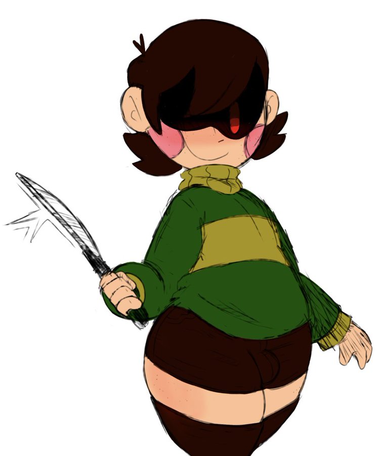 1boy, 2d, ambiguous gender, bulge, chara, femboy, femboy chara, knife, male, sketchssketchs, solo, tagme, thick thighs, thighhighs, undertale, undertale (series), wide hips
