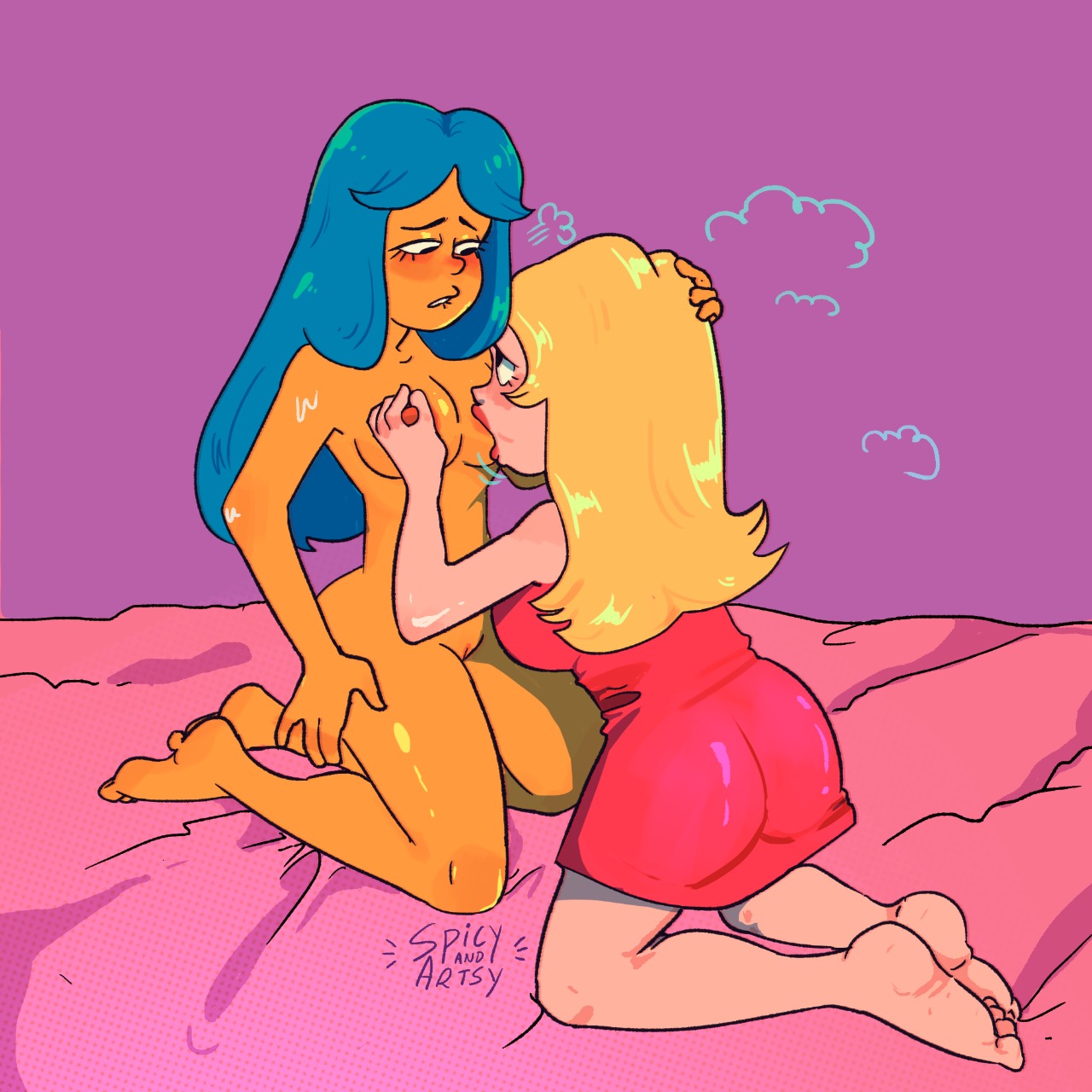 2girls, american dad, ass, bed, big ass, big breasts, blue hair, blush, breast grab, breast sucking, breasts, clothed female nude female, crossover, female, francine smith, kneeling, lesbian, lewdshock, looking at partner, marge simpson, milf, multiple females, multiple girls, nude female clothed female, simple background, tagme, the simpsons, thick thighs, yellow hair, yuri