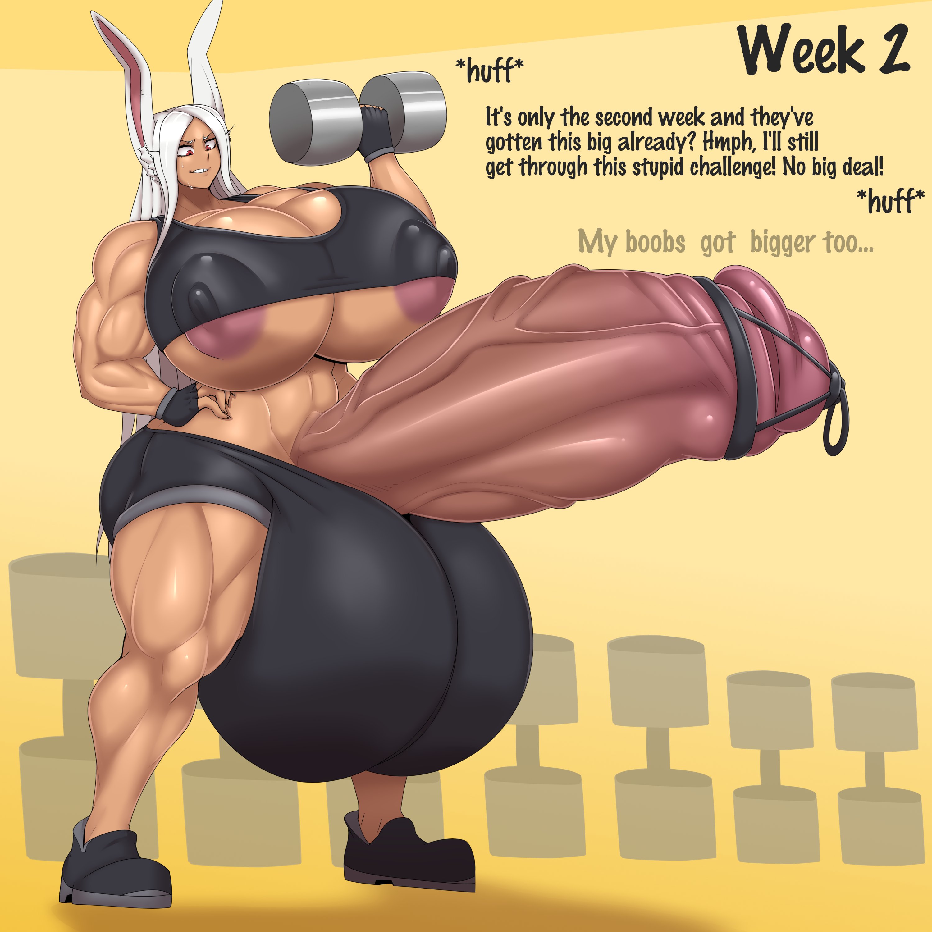 1futa, 2023, animal ears, areola slip, areolae, balls, ber00, breast expansion, breast growth, breast growth (enlargement), breasts, bulge through clothing, casual boner, casual nudity, circumcised, cleavage, clothed, clothing, dark skin, dark-skinned futa, dialogue, english text, erection, expansion, futa only, futa urethral insertion, futanari, gloves, higher resolution duplicate, huge areolae, huge balls, huge breasts, huge cock, humanoid, humanoid penis, hyper balls, hyper breasts, hyper genitalia, hyper penis, hyper testicles, ineffective clothing, intersex, kemonomimi, large penis, long hair, miruko, mostly nude, muscular, muscular futa, my hero academia, nipples, no nut november, partially clothed, penile urethral insertion, penis, rabbit ears, rumi usagiyama, solo, standing, tanned, tanned skin, testicles, thick thighs, urethral, urethral insertion, urethral plug, veiny penis, weightlifting, weights, white hair