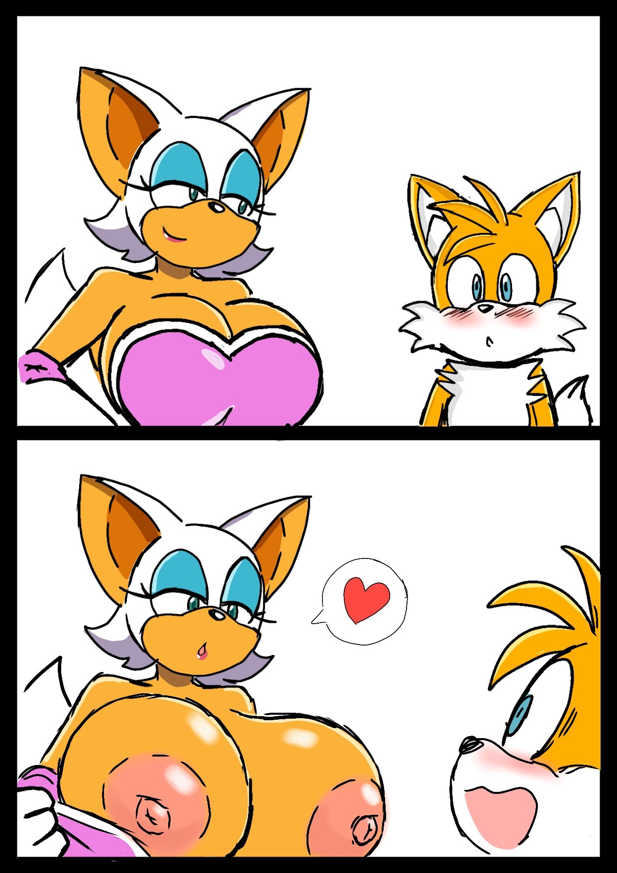 1boy, 1girls, anthro, bat, blush, breasts, exposing chest, female, fox, fur, furry, heart, imminent sex, large breasts, larger female, male, momiji (artist), older female, propositioning, rouge the bat, sega, smaller male, smile, sonic (series), sonic the hedgehog (series), speech bubble, tagme, tails, tails the fox, younger male