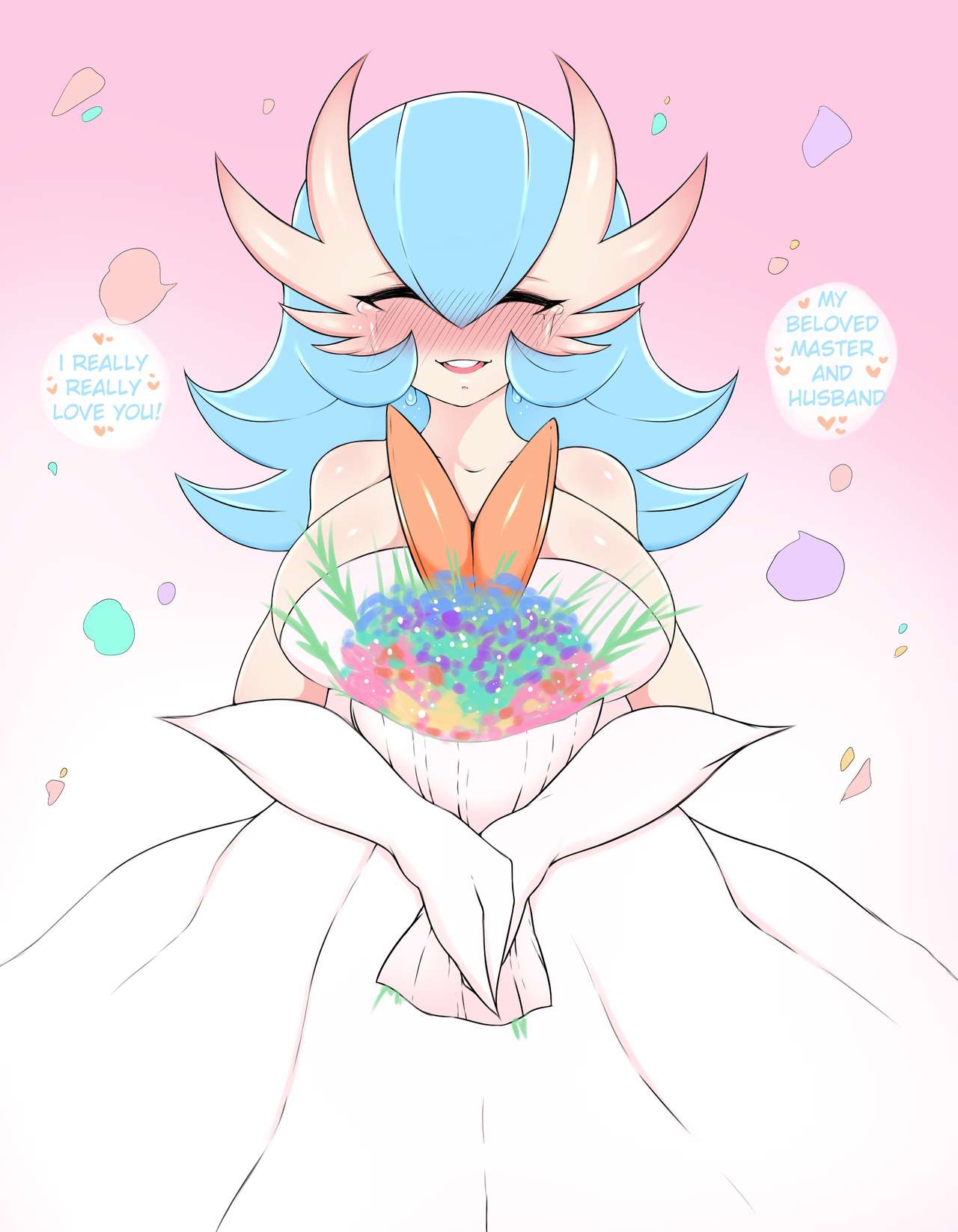 1girls, adorable, blue hair, blush, bouquet, closed eyes, crying, cute, dialogue, english text, female, female only, female pokemon, flowers, gardevoir, happy, heavy blush, i love you, mega evolution, mega gardevoir, nintendo, pokémon (species), pokemon, pokemon (species), saltyxodium, shiny gardevoir, shiny pokemon, smiling, solo, speech bubble, tears, wedding dress, wholesome