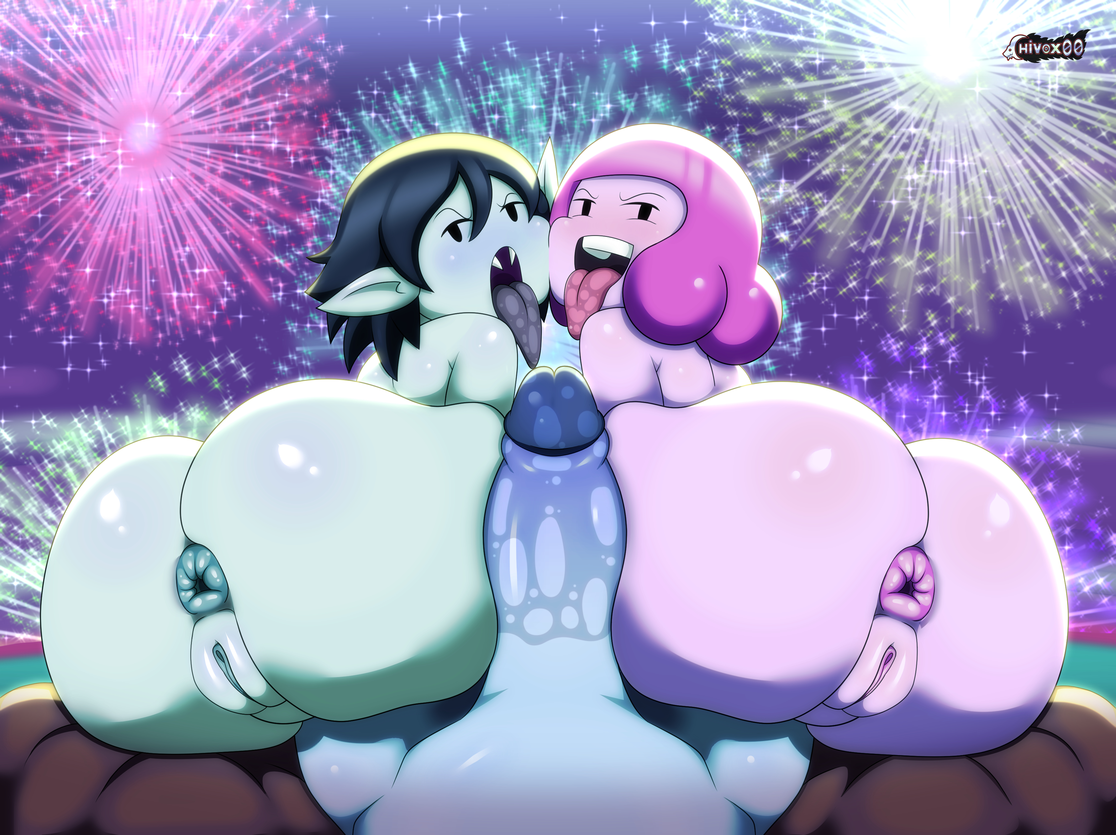 1boy, 2023, 2girls, adventure time, anus, ass, assjob, big ass, black hair, blue body, blue skin, blush, bubble ass, bubble butt, buttjob, cartoon network, chivox00, double buttjob, eye contact, female, happy new year, huge ass, ice king, looking at viewer, looking back, male, marceline, marceline abadeer, mob face, open mouth, penis, pink body, pink hair, pink skin, princess bubblegum, pussy, saliva, short hair, simon petrikov, threesome, tongue, tongue out, visible breath, young marceline, young princess bubblegum