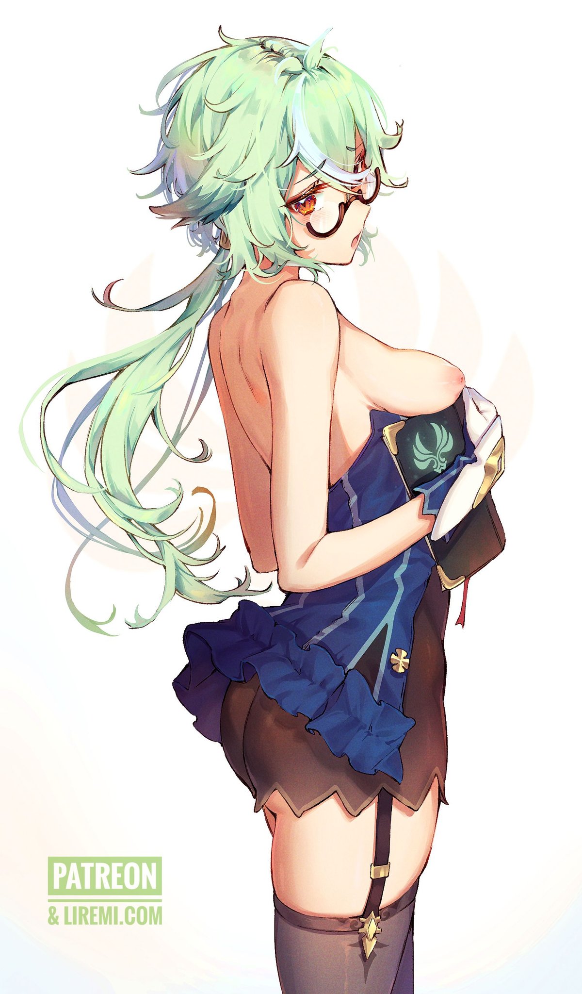 1girls, ass, big ass, big breasts, breasts, breasts out, eyewear, female, female only, genshin impact, light skin, light-skinned female, liremi, sucrose (genshin impact), thighhighs