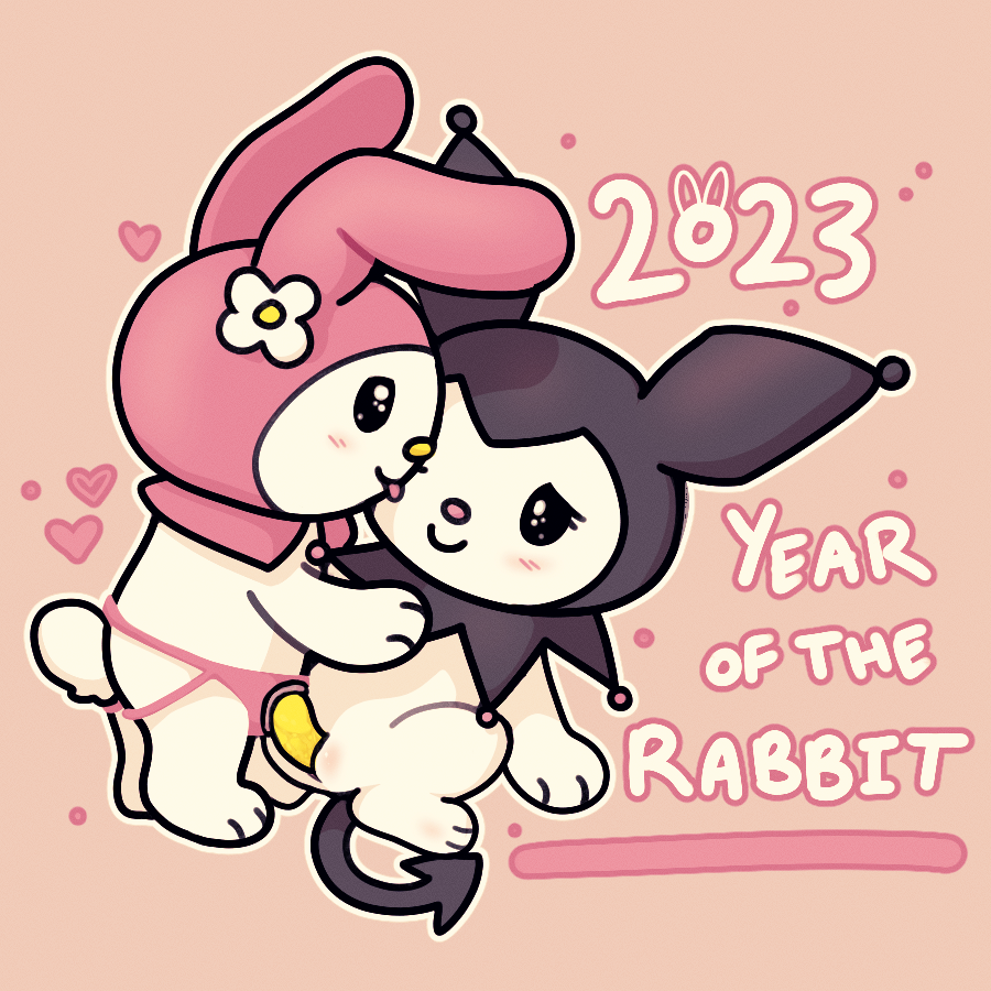 anthro chibi chinese_zodiac dildo duo female female/female feralsoren kuromi lagomorph leporid mammal my_melody onegai_my_melody pink_background rabbit sanrio sex_toy simple_background strapon year_of_the_rabbit