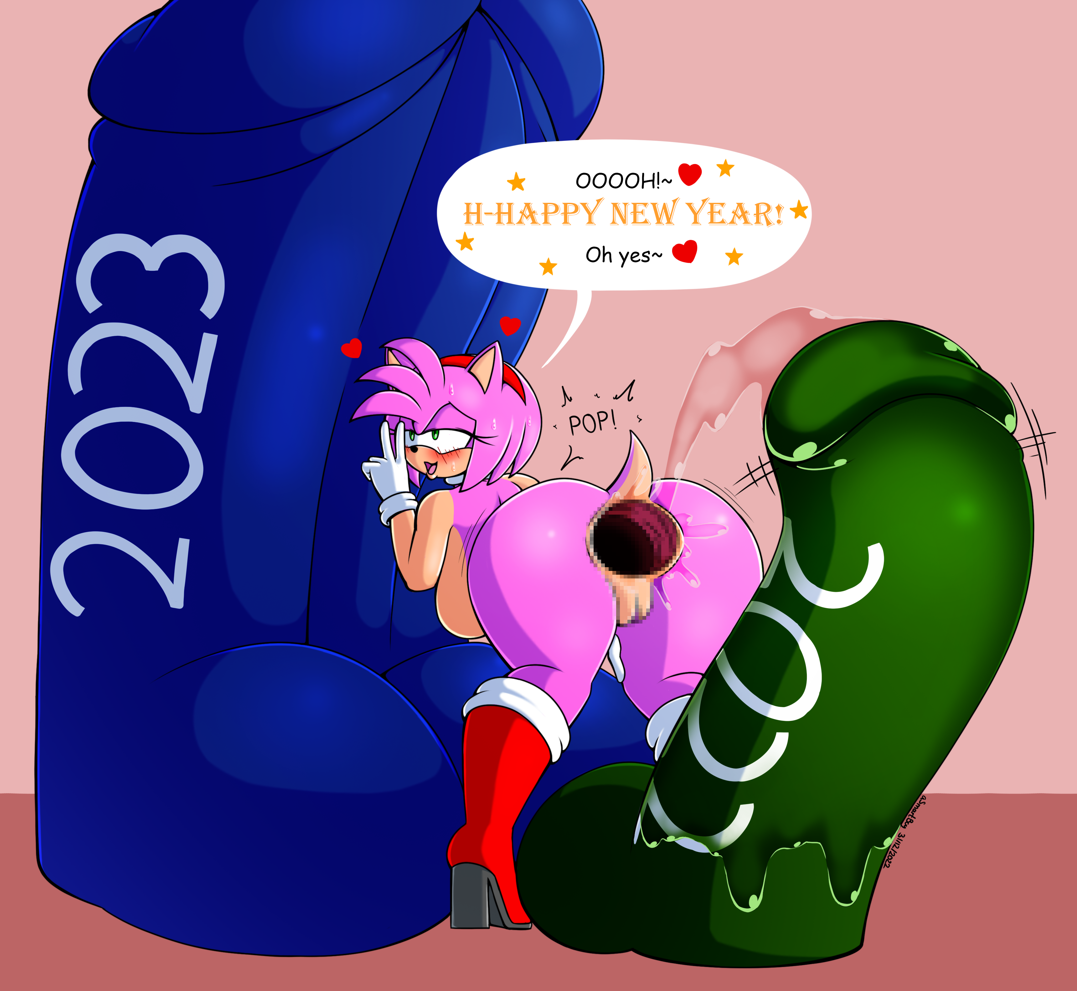 1girls, 2022, 2023, after anal, amy rose, anal, anal juice, anus, asmartboy, blush, boots, censored, dildo, english text, female, female only, from behind, full body, gaping, gaping anus, gloves, happy new year, heart, huge dildo, impossible fit, mosaic censoring, new year 2023, pink fur, pussy, red footwear, sex toy, solo, sonic (series), sonic the hedgehog (series), speech bubble, v, white gloves