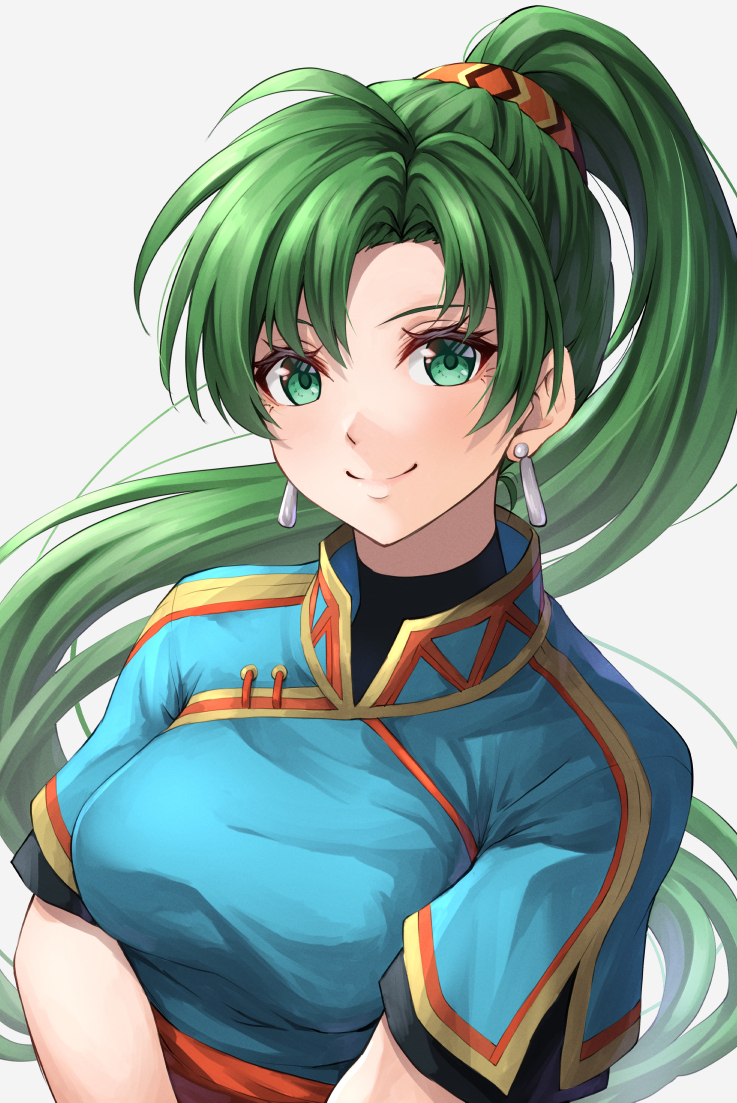1girls, bangs, blue dress, breasts, dress, earrings, female, fire emblem, fire emblem: the blazing blade, green eyes, green hair, grey background, jewelry, long hair, looking at viewer, lyn (fire emblem), medium breasts, nintendo, ponytail, portrait, short sleeves, simple background, smile, solo, ten (tenchan man), upper body, very long hair