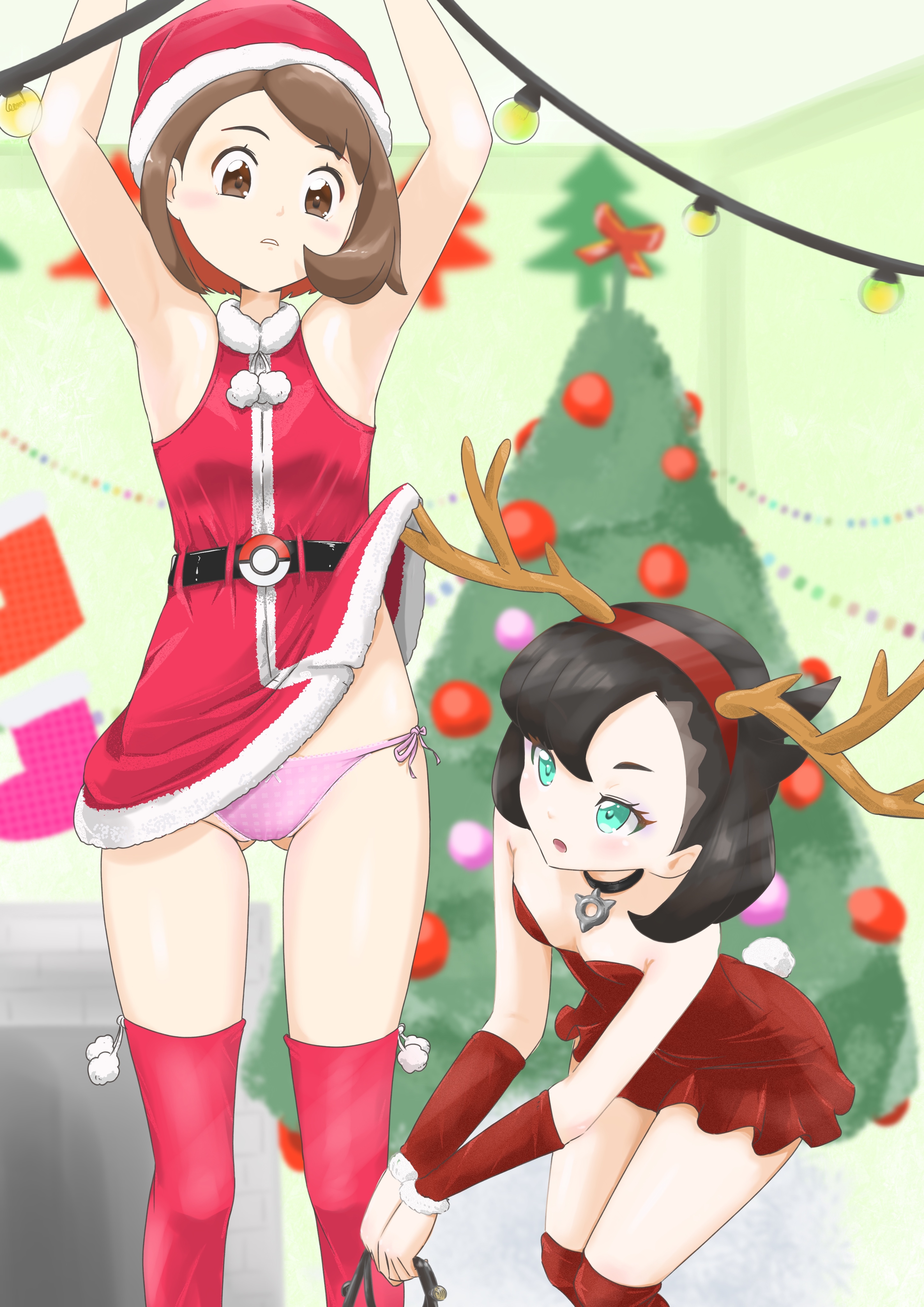 2girls, accidental exposure, breasts, christmas, female, female only, gloria (pokemon), human, human only, marnie (pokemon), medium breasts, microsd (artist), nintendo, panties, pokemon, pokemon ss