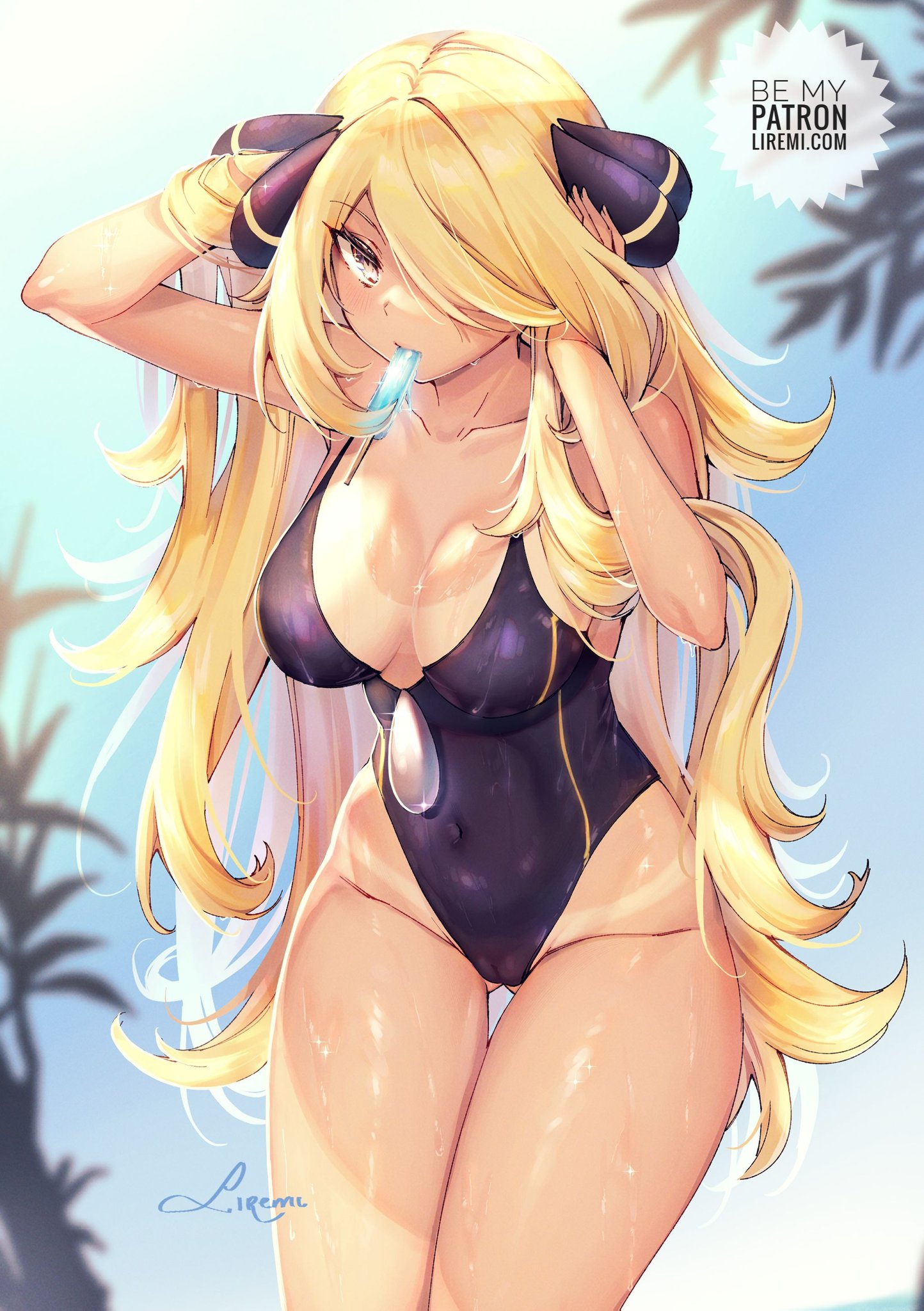 1girls, beach, big breasts, blonde hair, breasts, cynthia (pokemon), female, female only, liremi, looking at viewer, outdoors, pokemon, swimsuit, wet