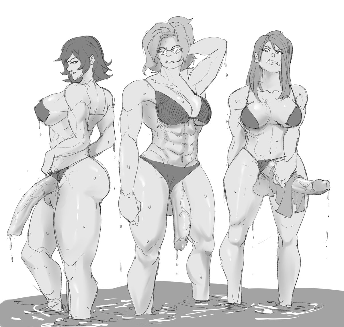 2022, 3futas, abs, animal genitalia, balls, bikini, black hair, breasts, clothed, clothing, creejo, erection, flaccid, futa only, futanari, greyscale, horsecock, huge cock, humanoid, humanoid penis, intersex, large penis, long hair, monochrome, mostly nude, muscular, muscular futa, orc, orc futa, penis, size difference, standing, uncensored, water, wet
