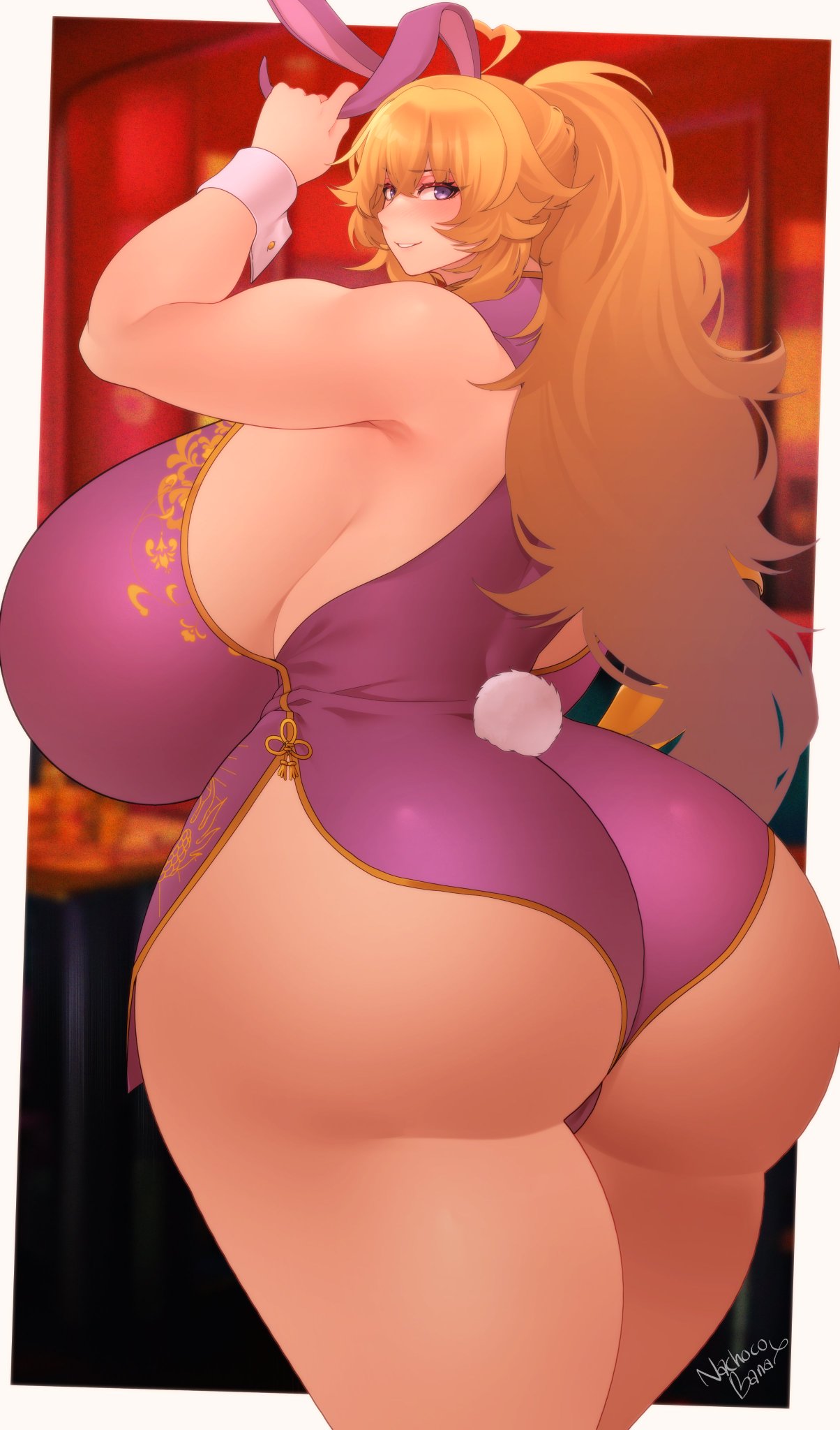 1girls, ass, ass focus, back view, big ass, big breasts, breasts, breasts bigger than head, bubble ass, bubble butt, bunny ears, chinese dress, female, female only, huge ass, huge breasts, huge butt, light skin, light-skinned female, nachocobana, rwby, solo, thick ass, thick thighs, yang xiao long