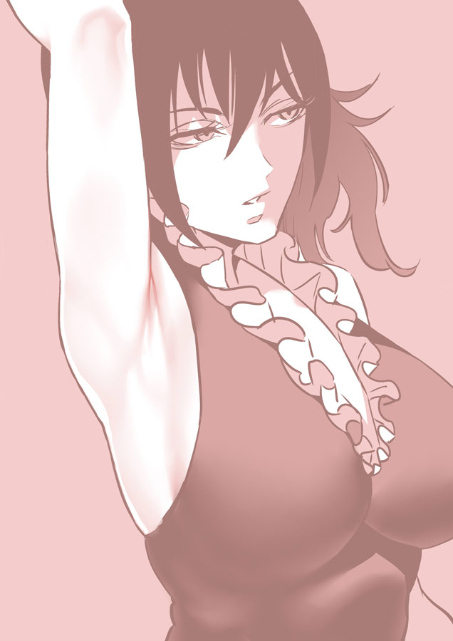 arm_up armpit armpit_crease armpit_fetish big_breasts daromeon female female_only frills half-closed_eyes kengan_(series) kengan_omega looking_away monochrome official_art ponytail shiina_alisa sideboob sleeveless solo upper_body